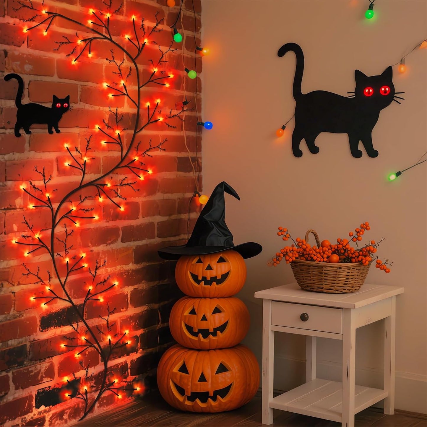 7 Ft Halloween Decorations Willow Vine Twig Garland with 8 Modes Timer 63 LED Orange Lights, Halloween Garland with Waterproof Battery Operated for Wall Fireplace Decorations Indoor Outdoor