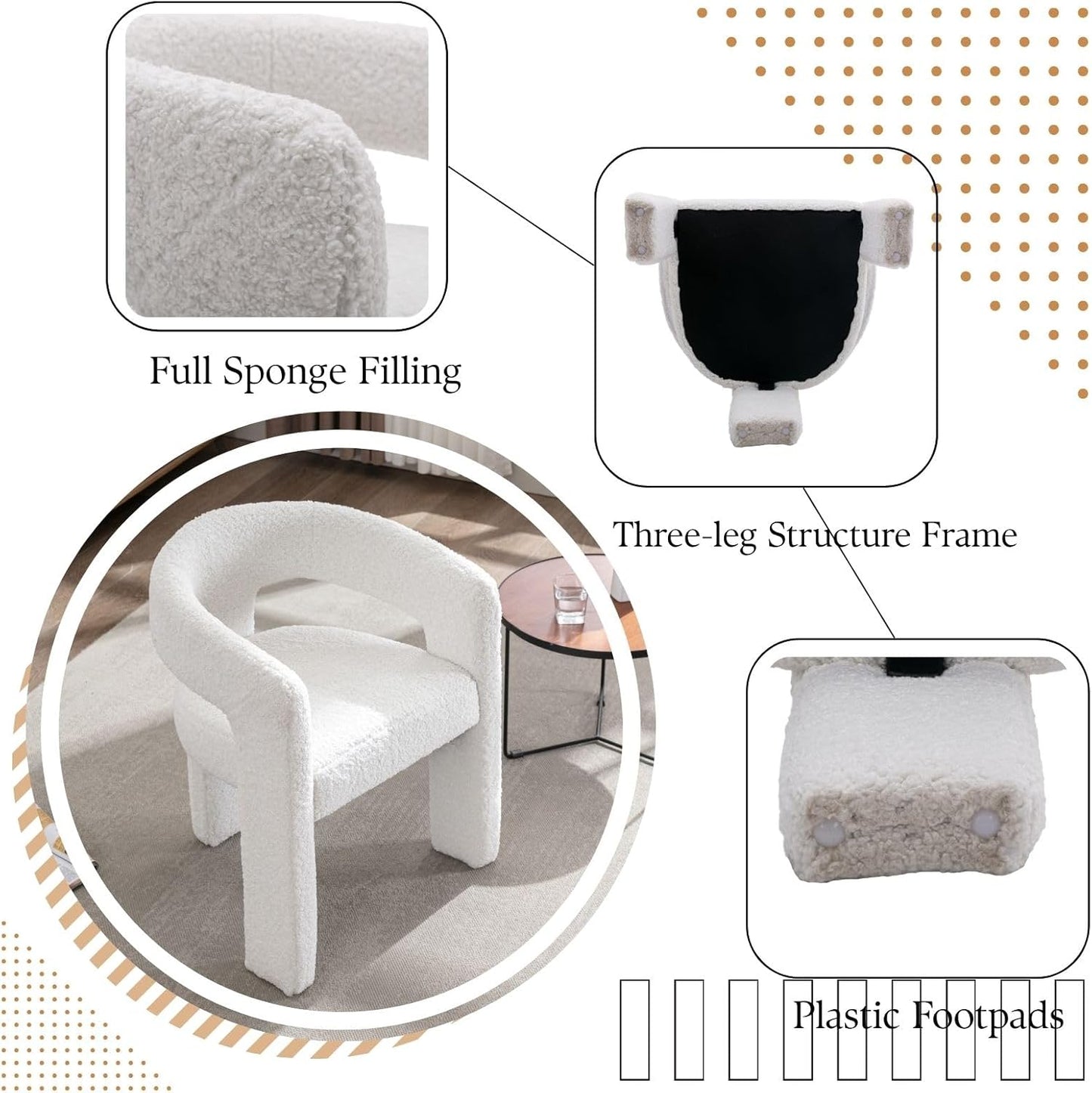 White Boucle Dining Chairs Set of 4, Modern Barrel Dining Room Chairs Upholstered Faux Fur Accent Chair with Arms and Round Back for Living Room Kitchen Armchair No Assembly Needed