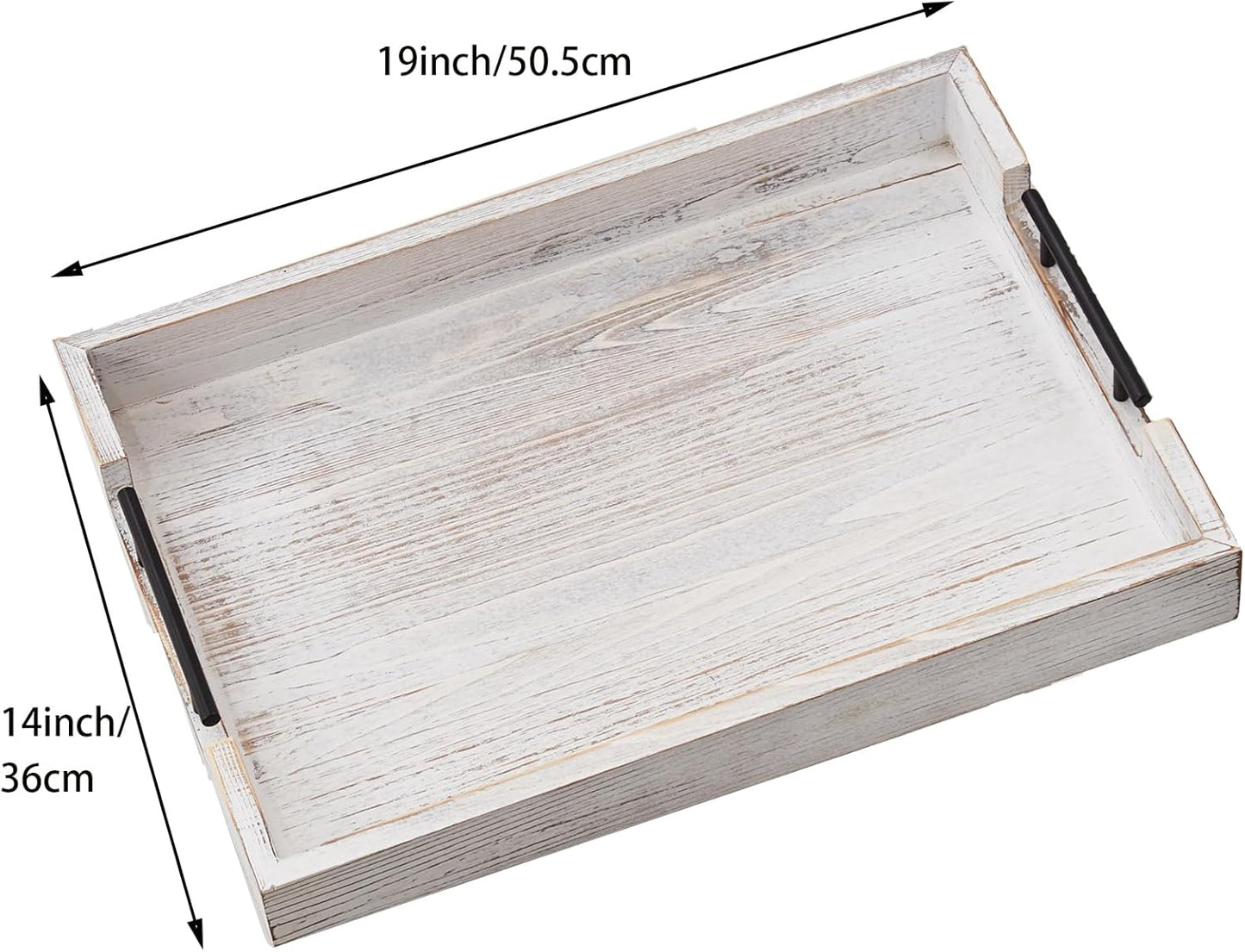 Ottoman Tray Large Serving Trays Farmhouse Decor Wooden Coffee Table Platter with Handles White Tray for Bed Kitchen Living Room 19 * 14Inch