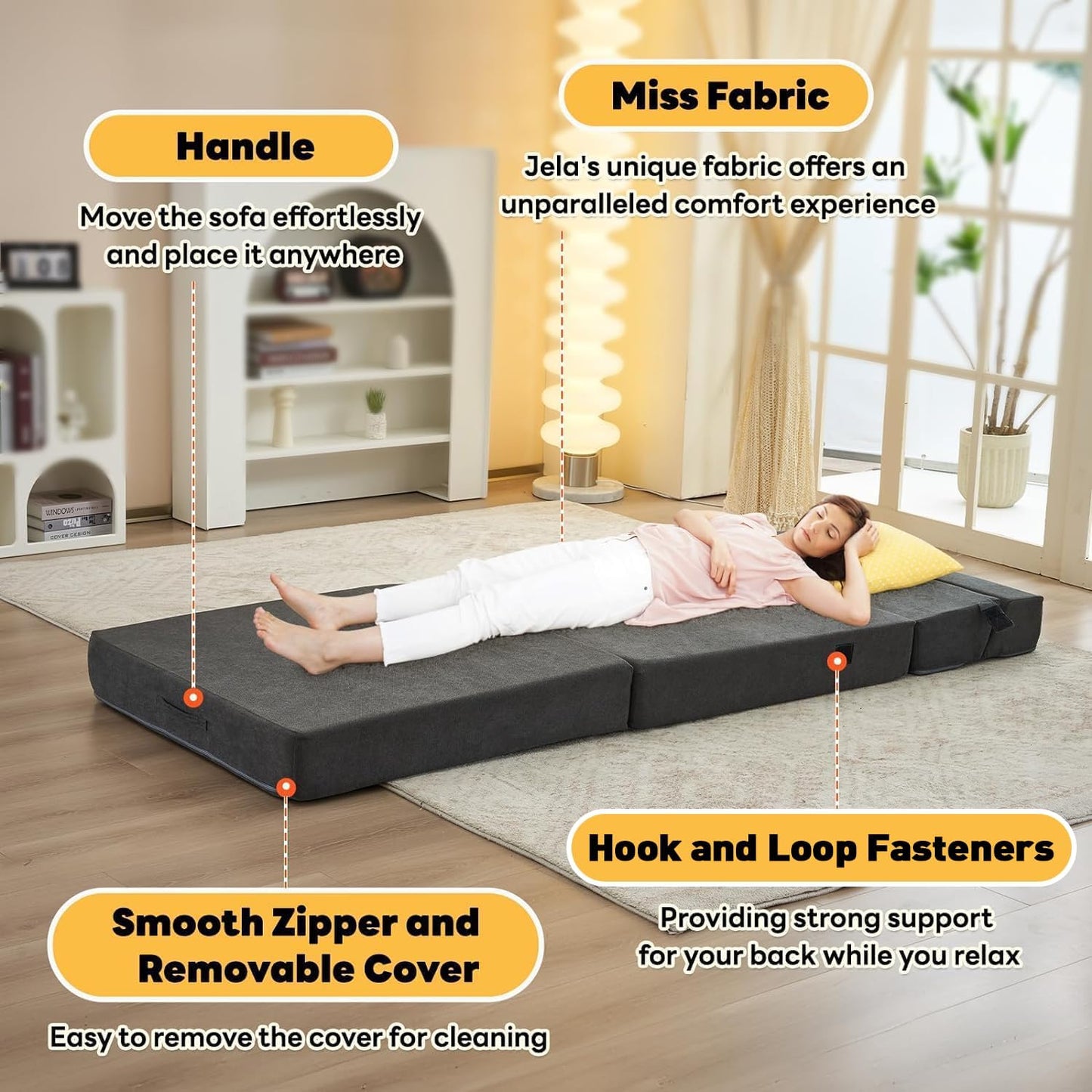 jela Foldable Sofa Bed Large Soft Foam Convertible Sleeper Chair Luxury Miss Fabric Fold Out Chair Bed Floor Couch with Back Support Floor Sofa for Living Room Bedroom (83"x33",Dark Gray)