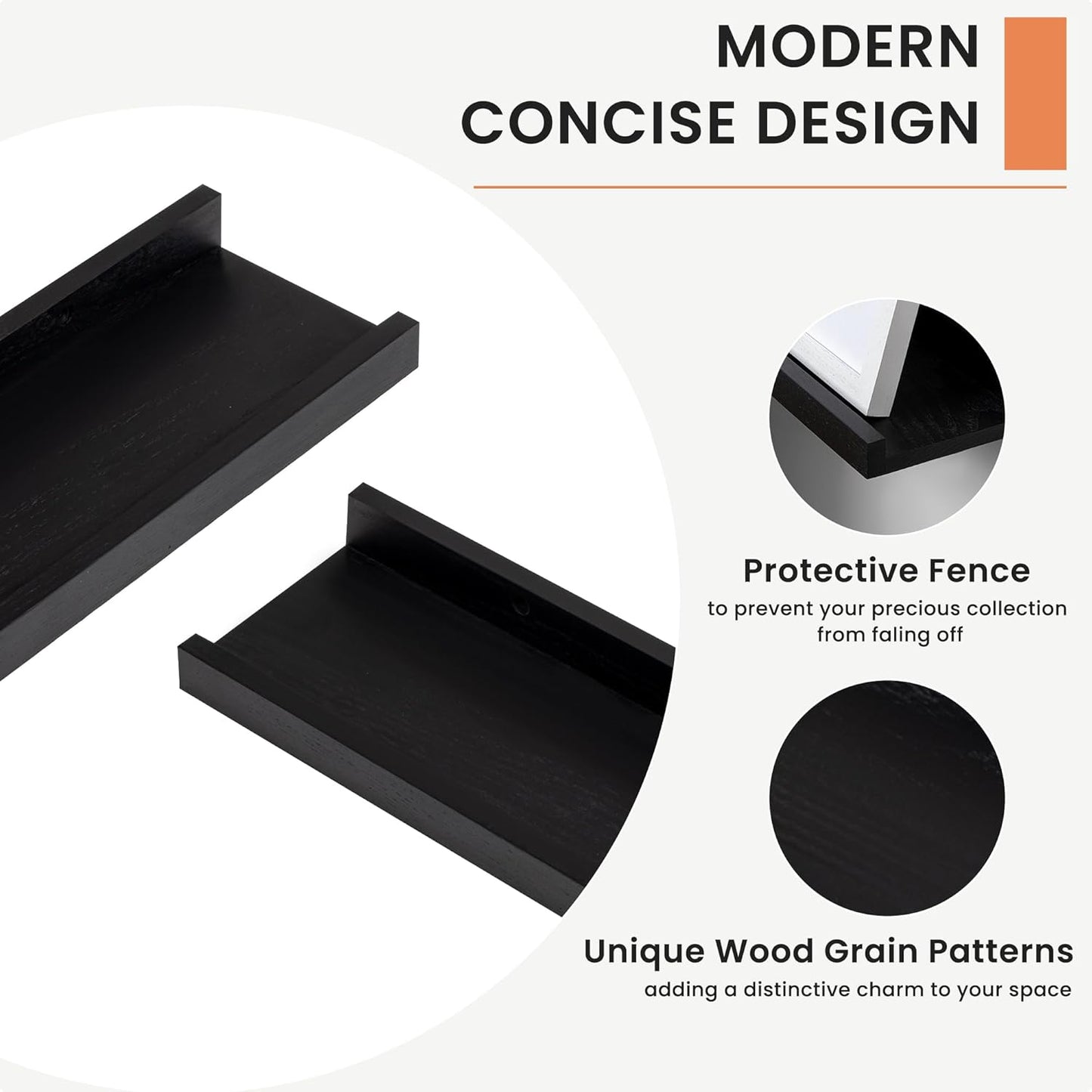 Solid Ash Wood Picture Ledge Shelf, Floating Shelves Set of 2, 56 Inch Long Large Ledge Shelves, Nursery Book Shelves Wall Mounted for Living Room Bedroom Kitchen Decor Kids Bookshelf, Black