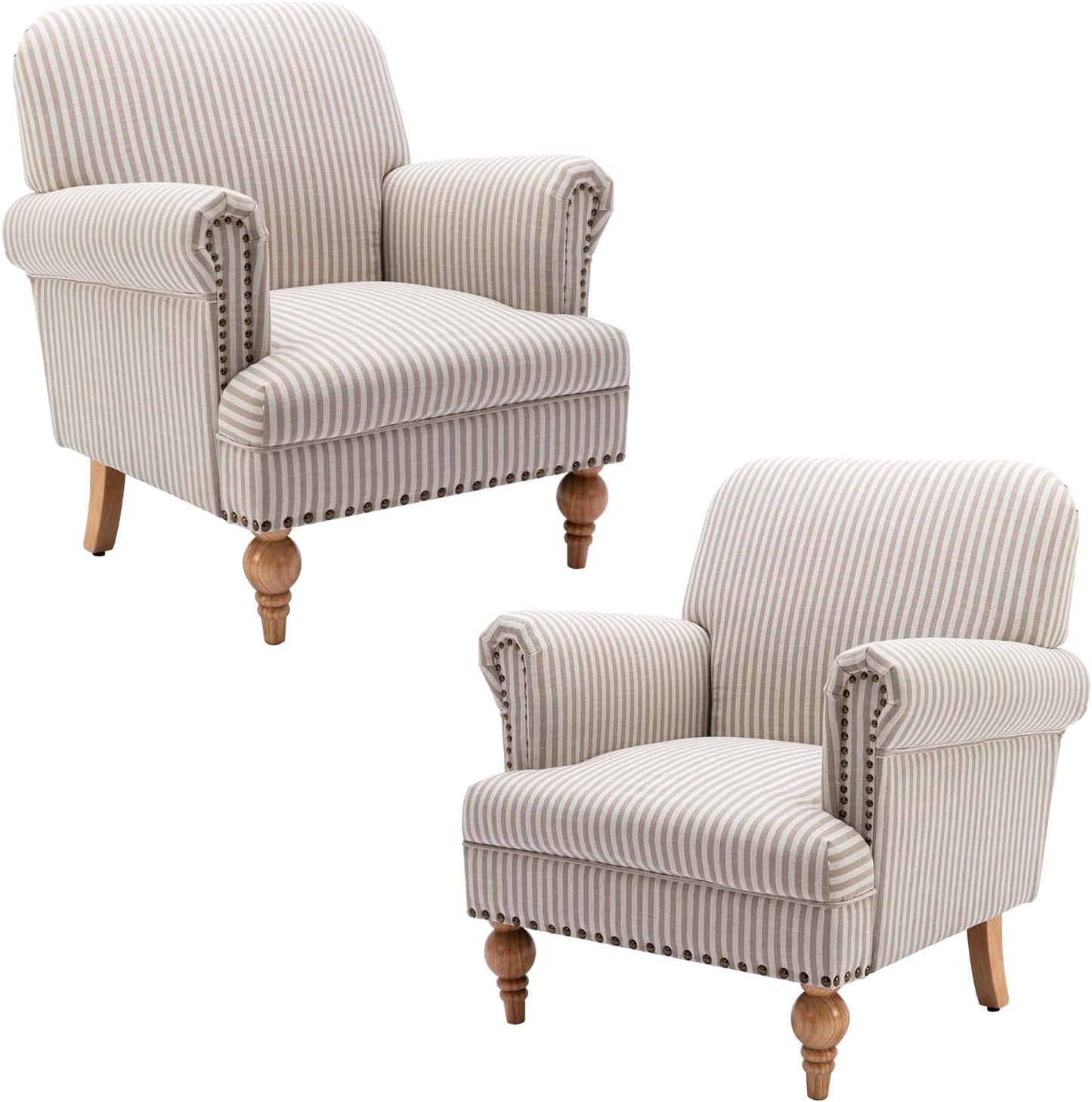 chairus Linen Accent Chair for Living Room Set of 2 Upholstered Mid Century Modern Single Sofa Chair with Solid Wood Legs Comfy Reading Chair Armchair for Bedroom/Office/Recption/Lounge, Khaki Stripe