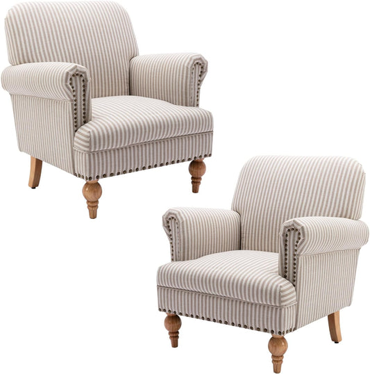 chairus Linen Accent Chair for Living Room Set of 2 Upholstered Mid Century Modern Single Sofa Chair with Solid Wood Legs Comfy Reading Chair Armchair for Bedroom/Office/Recption/Lounge, Khaki Stripe