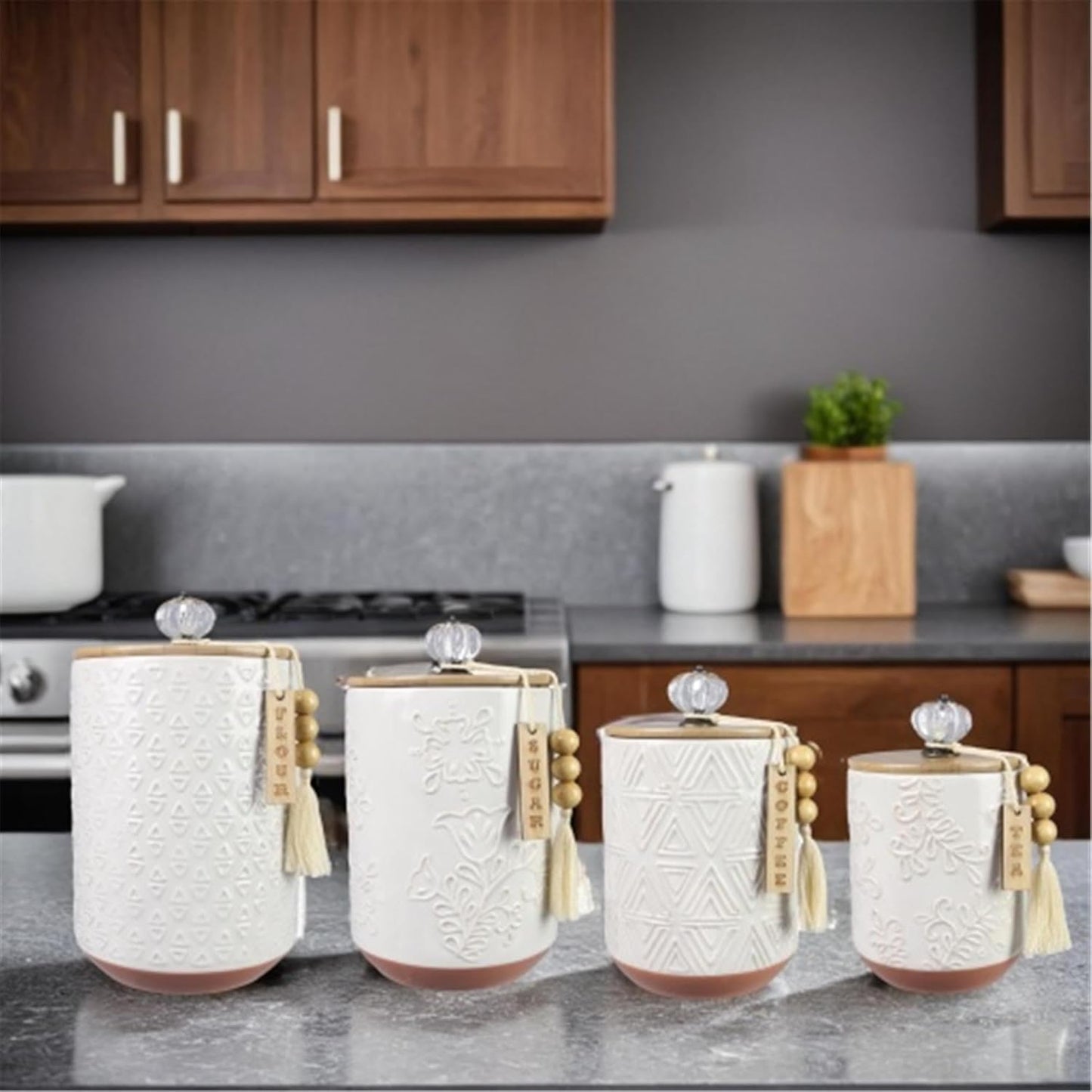 Youngs 21207 Ceramic Canister with Wood Lid and Silicon Seal, Crystal Knob and Blessing Bead Tassel Accent, 4-piece Set