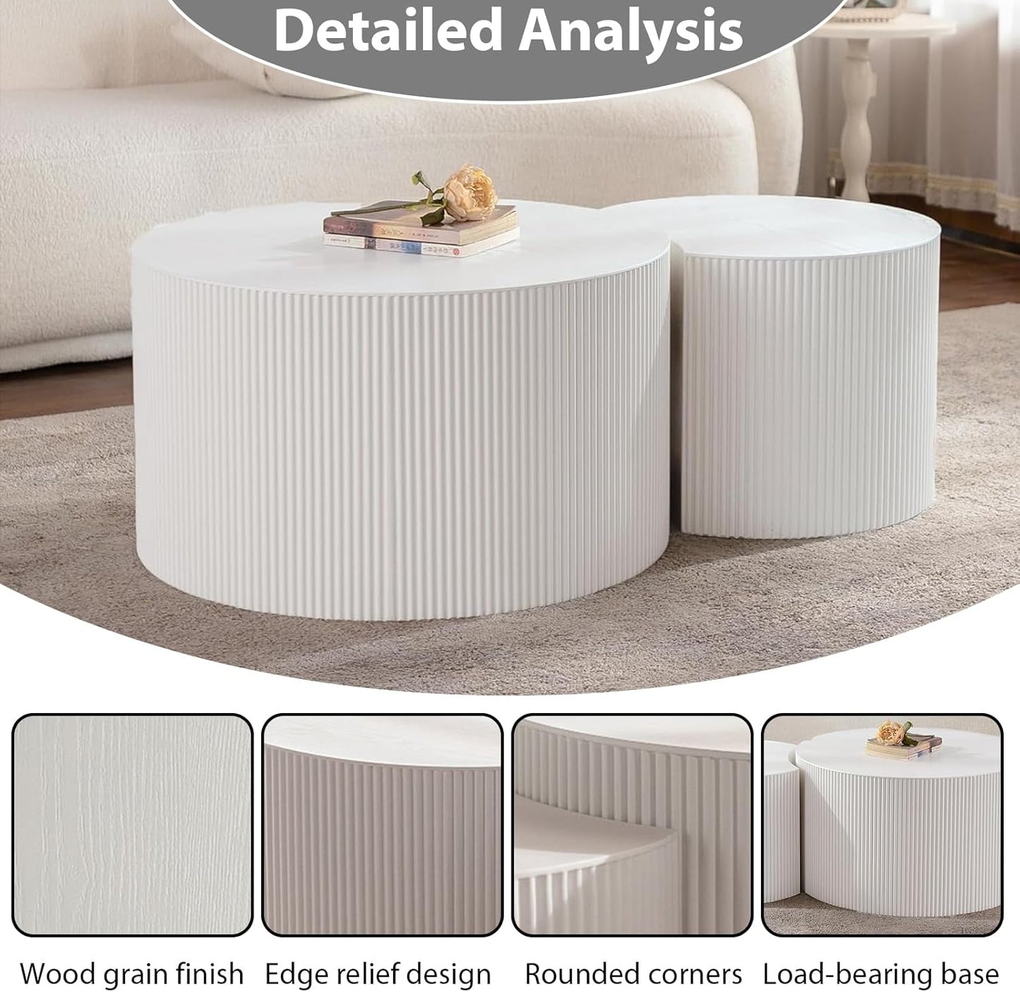 Round Nesting Coffee Table Set of 2 Handcraft Circle Fluted Nesting Coffee Tables Circular Side Table Drum Accent End Tables for Living Room Bedroom (White B Large)