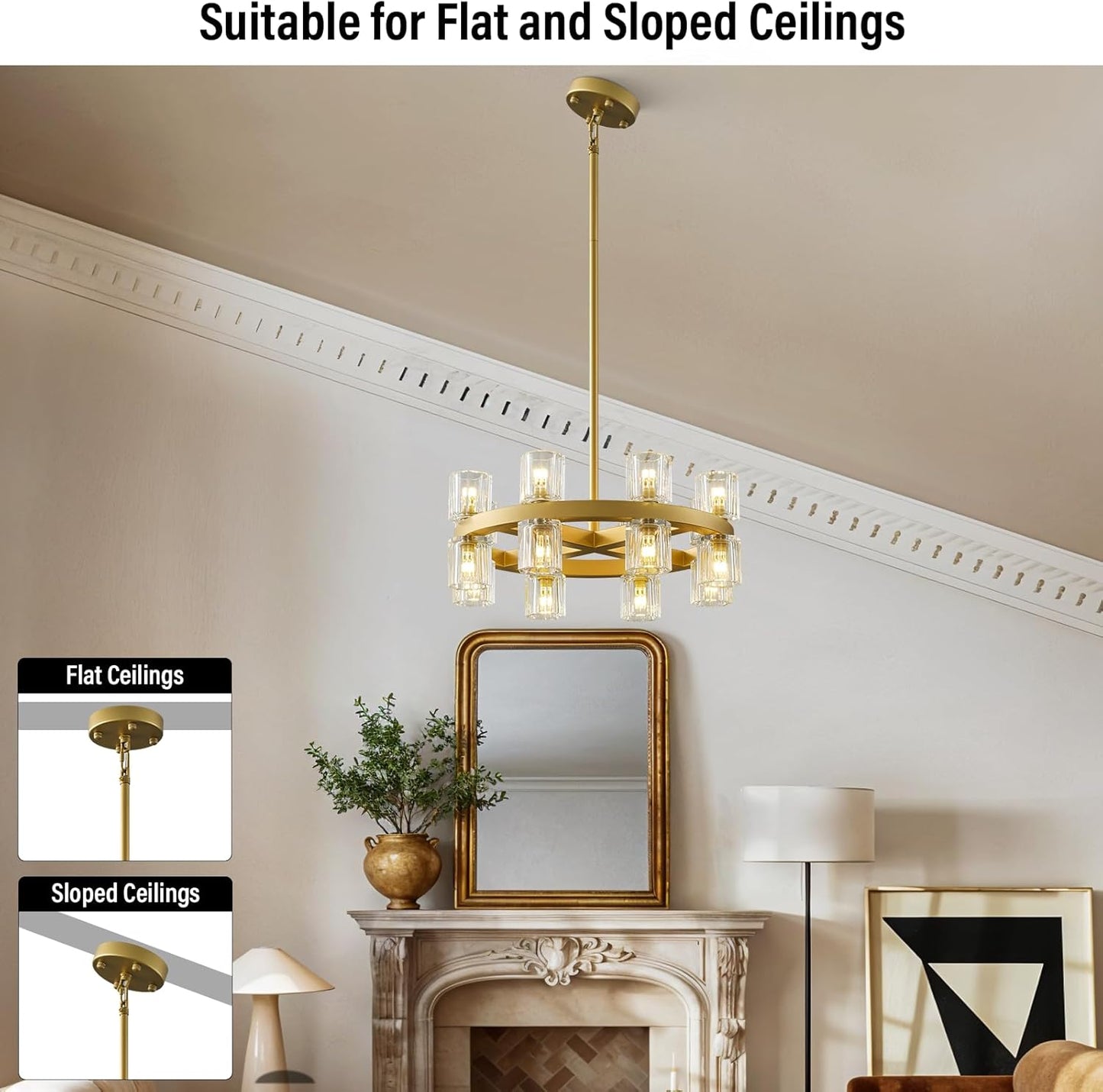 Gold Chandelier Light Fixture Kitchen and Dining, 16-Lights Modern Chandeliers for Dining Room, 18" Farmhouse Kitchen Pendant Lights Over Table, Crystal Wagon Wheel Chandelier(Bulbs Included)