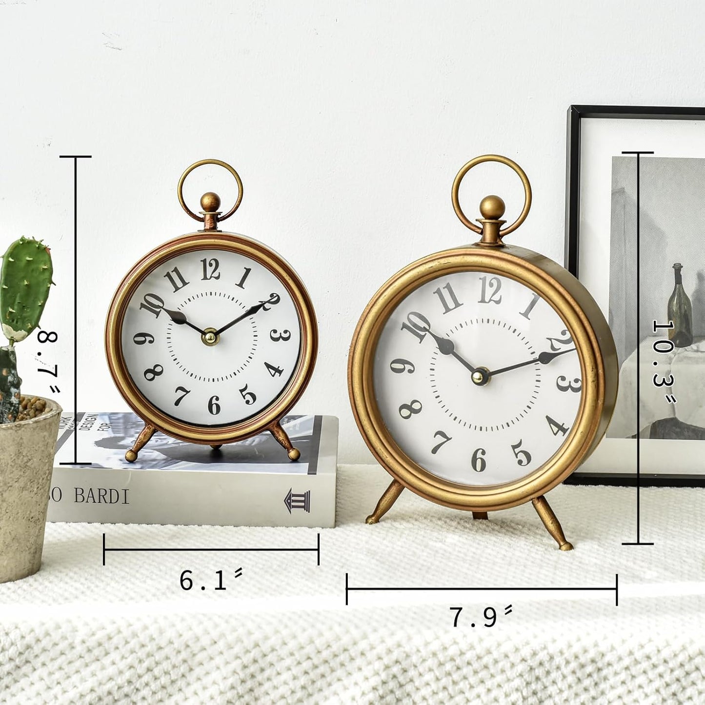 Vintage Small Table Clock on Stand, Decorative Desk and Shelf Clock Farmhouse Mantel Non-Ticking Clock Rustic Metal Frame with Antique Gold Finish 9.3 Inch