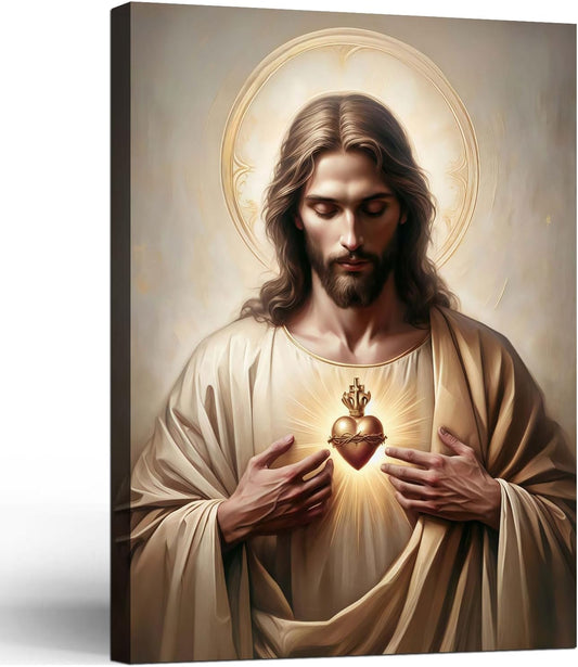 Framed Jesus Sacred Heart Religious CatholicWall Art Decor Canvas Print Print Poster Artwork Christian Home Decor Gallery for Bedroom Living Room 16x24 Inch Ready to Hang