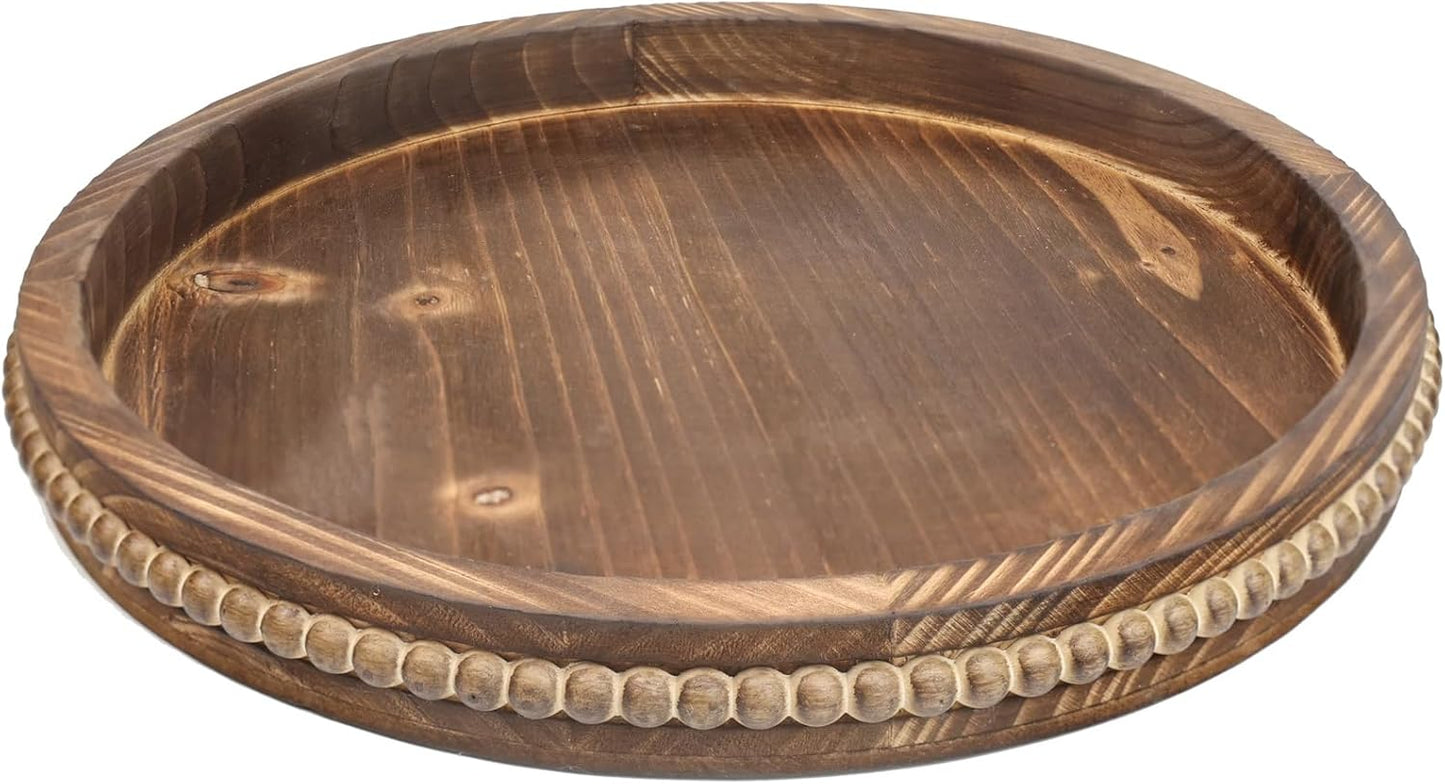 Round Burnt Wood Serving Tray with Beads, Wooden Decorative Tray for Entertaining, Decoration, and Gifting,