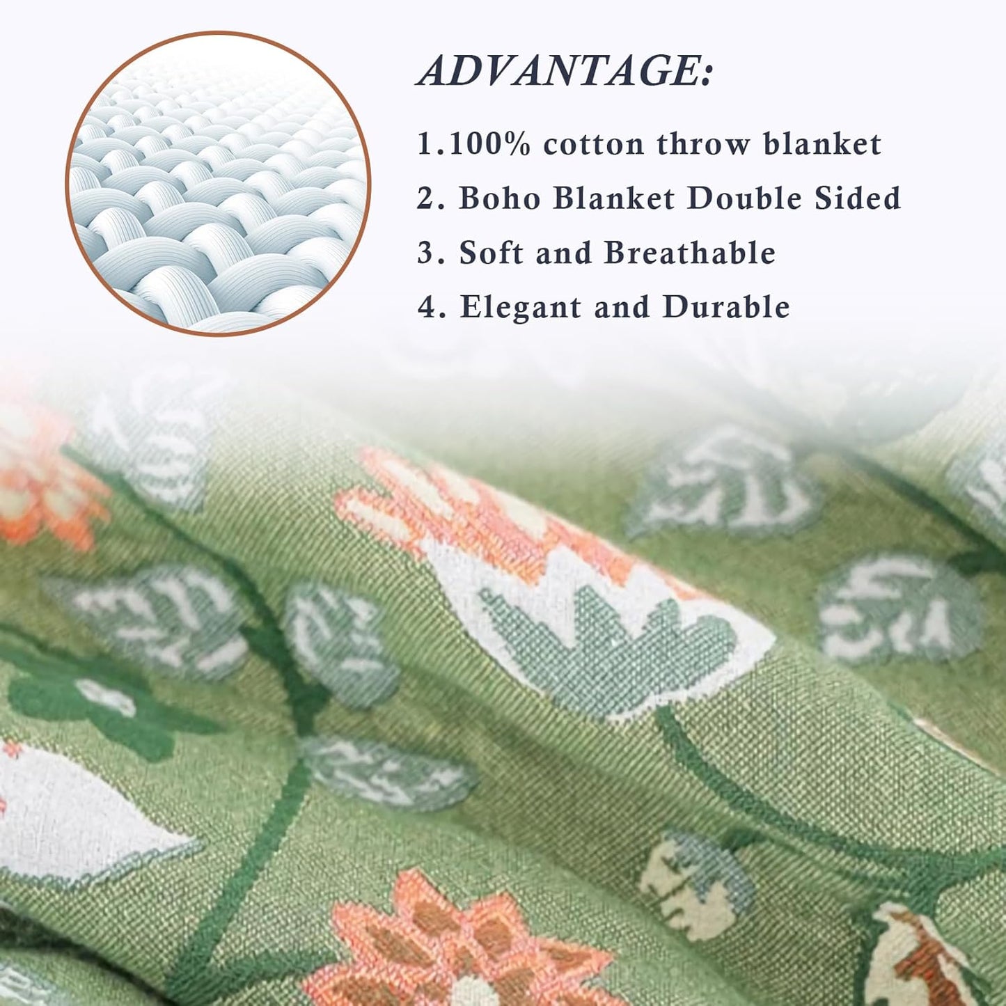Snycler Boho Throw Blanket for Bed - 100% Cotton Ultra Soft Rustic Quilt Green Blanket - Floral Printed Farmhouse Decor Bed Blankets, 80"×90" All Season Rustic Throw for Sofa Couch Chair