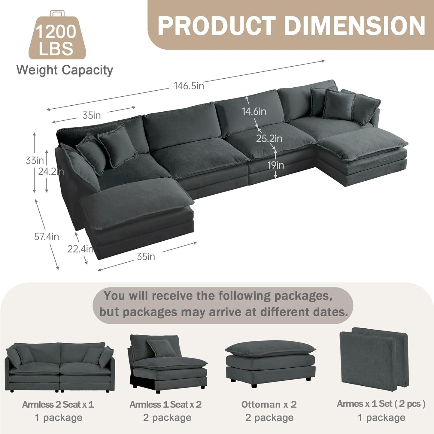 Sectional Sofa 4 Seater with Movable 2 Ottomans,Oversized Modular Couch Deep Seat (Grey, 146.5 inch-U)