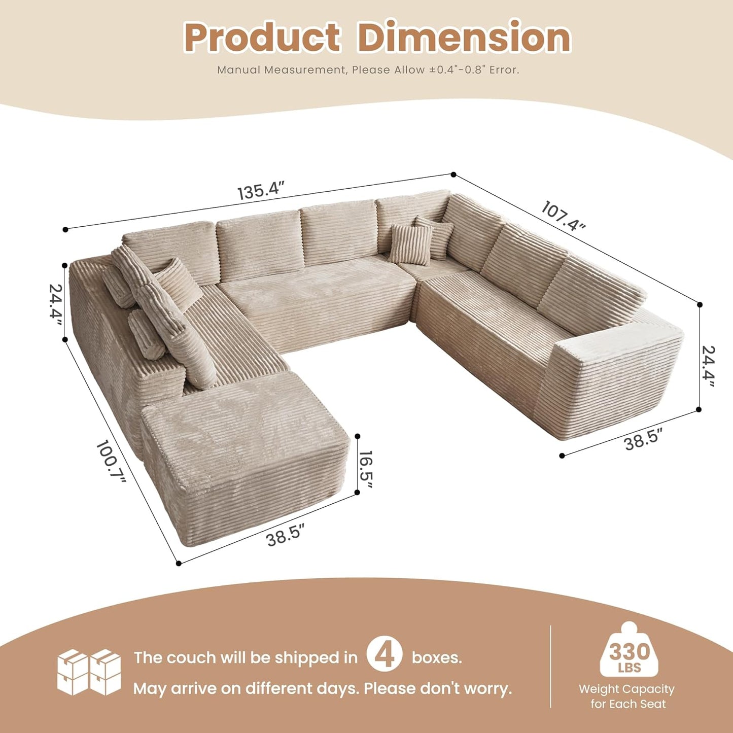 HOOOWOOO Cloud Sectional Couches for Living Room,Modular Sectional Sofa No Assembly,136X108 Inch Plush Corduroy Large U Shaped Floor Couch Set with Deep Seat Ottoman(Beige)