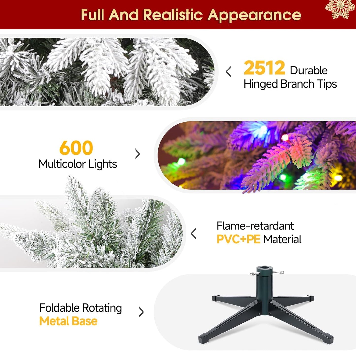 9ft Pre-Lit Snow Flocked Rotating Christmas Tree with 600 Multi-Color LED Lights, 2512 PE & PVC Tips - Realistic Artificial Tree for Holiday Decor