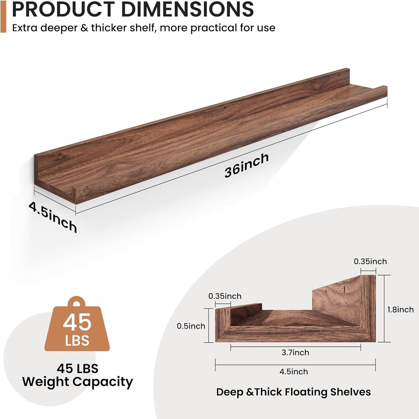 Fun Memories Picture Ledge Shelves Set of 2, 36 Inch Rustic Wall Mounted Floating Shelves with Lip for Home Storage and Décor in Bathroom, Kitchen, Nursery, Bedroom, Living Room, Walnut