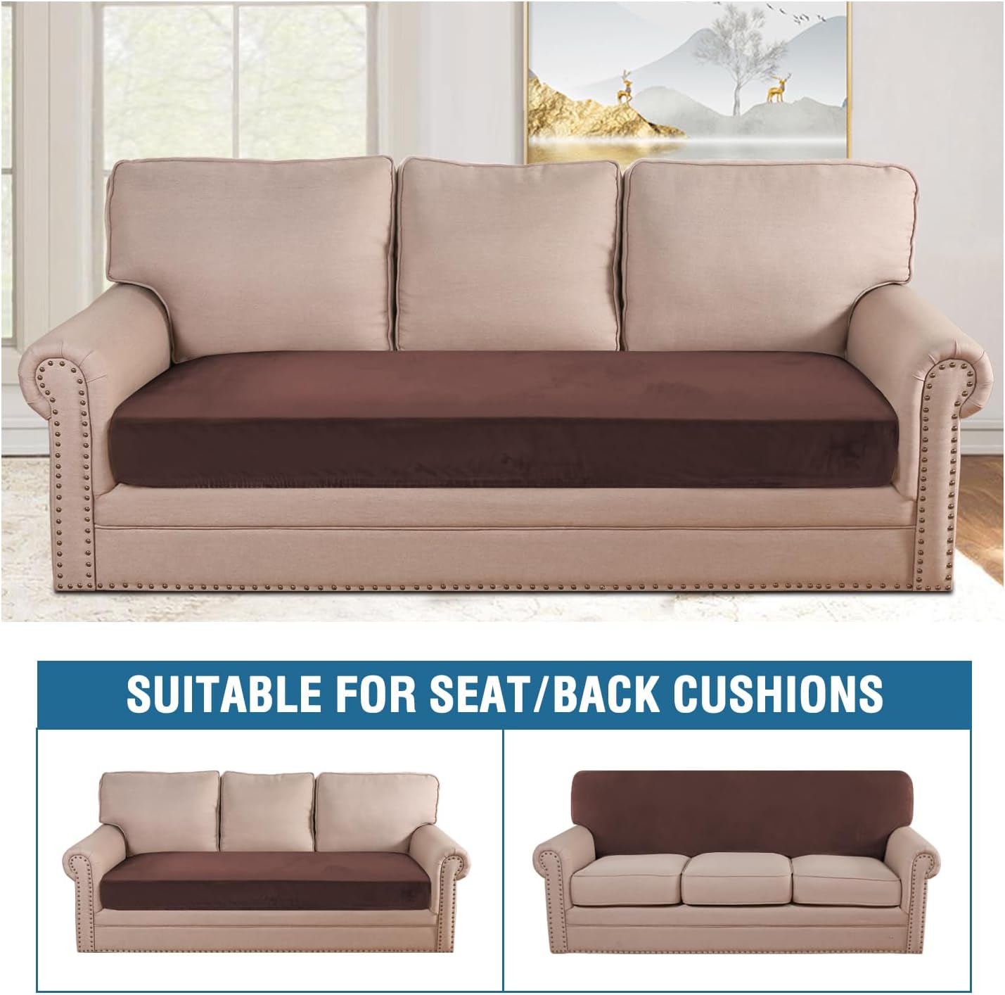 H.VERSAILTEX Velvet Stretch Individual Couch Cushion Cover Plush Cushion Slipcover for Loveseat Sofa Cushion Furniture Protector Seat Cushion Sofa Cover (1 Piece Sofa Cushion Cover, Brown)