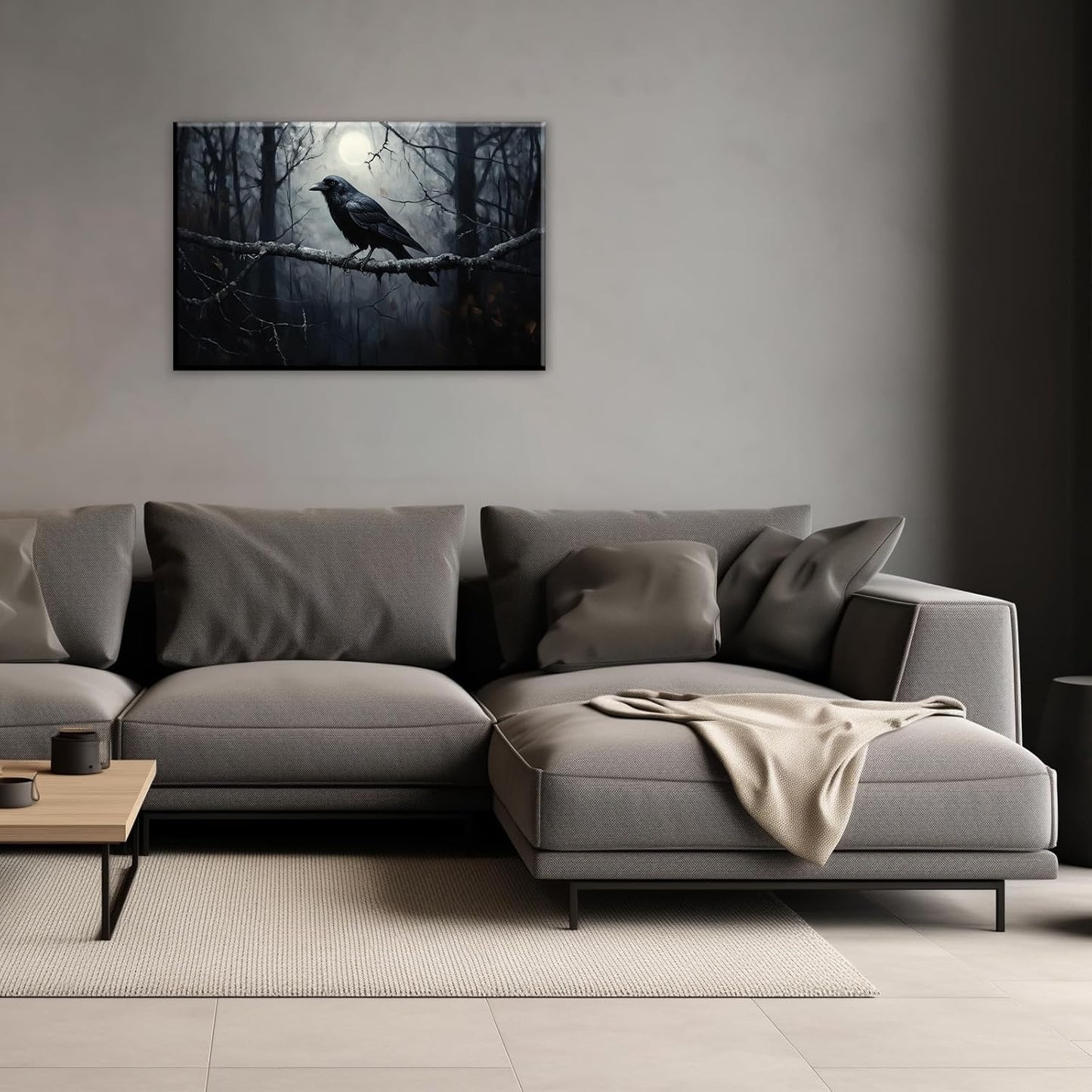 OAAPITI Crow Canvas Wall Art Black Crow Stand On The Branch Picture Print Moonlit Night Poster Vintage Forest Landscape Painting Artwork Living Room Halloween Decor(Artwork-1,12"x18")