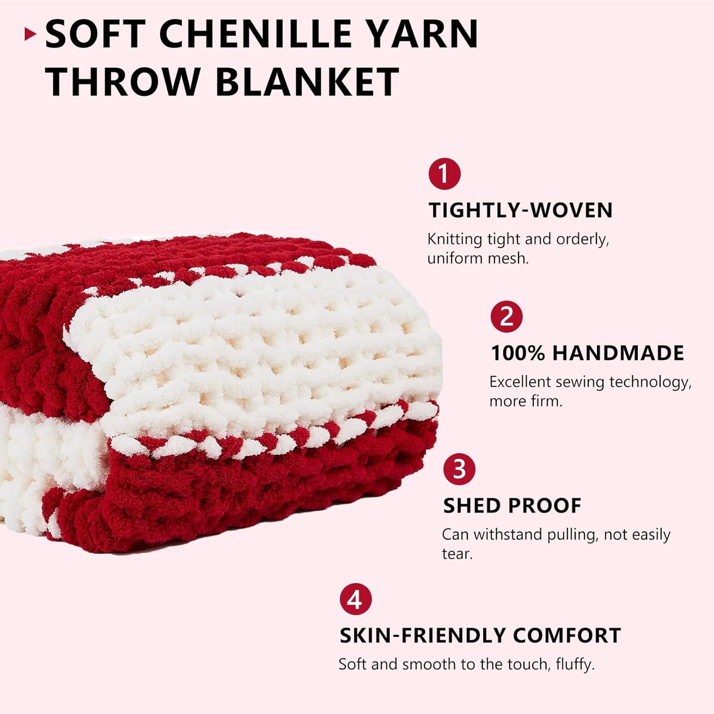 L'AGRATY Chunky Knit Blanket Throw - Soft Throw Blanket 50x60: 100% Hand Kintted Chenile Crochet Throw Blanket for Couch - Large Cable Knit Blanket for Home Decor (Red and White)