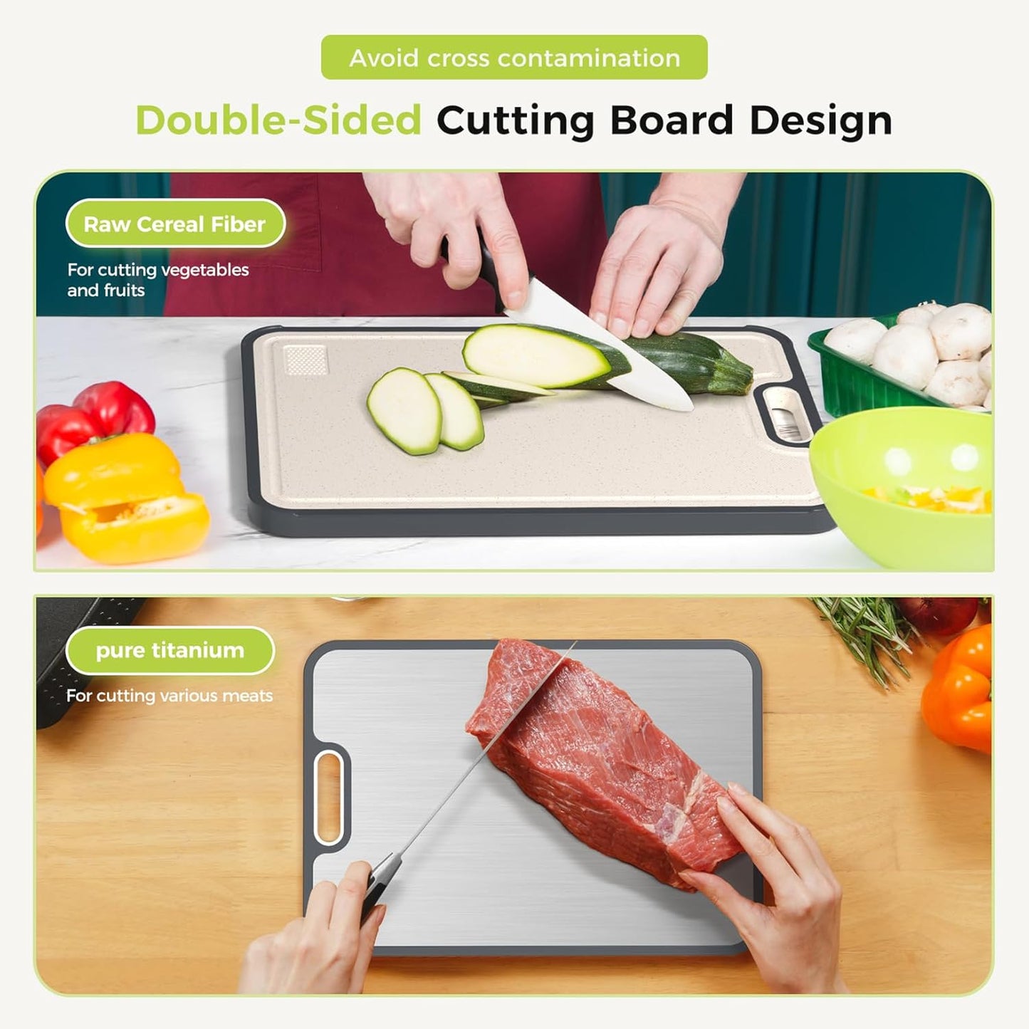Titanium Cutting Board for Kitchen, Cutting Board Double Sided Food Grade, Pure Titanium and Wheat Straw PP, Easy to Clean Large Size 16”×11”