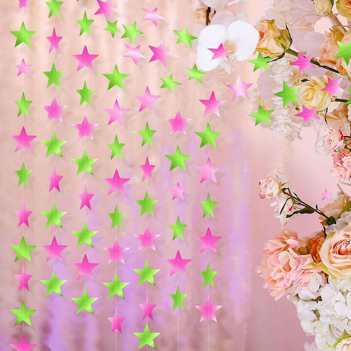 Patelai Glitter Star Garland Banner Decor 130 Feet Star Hanging Bunting Banner Twinkle Backdrop for Homecoming Classroom Wedding Birthday Halloween Christmas Party Supplies(Pink,Green)