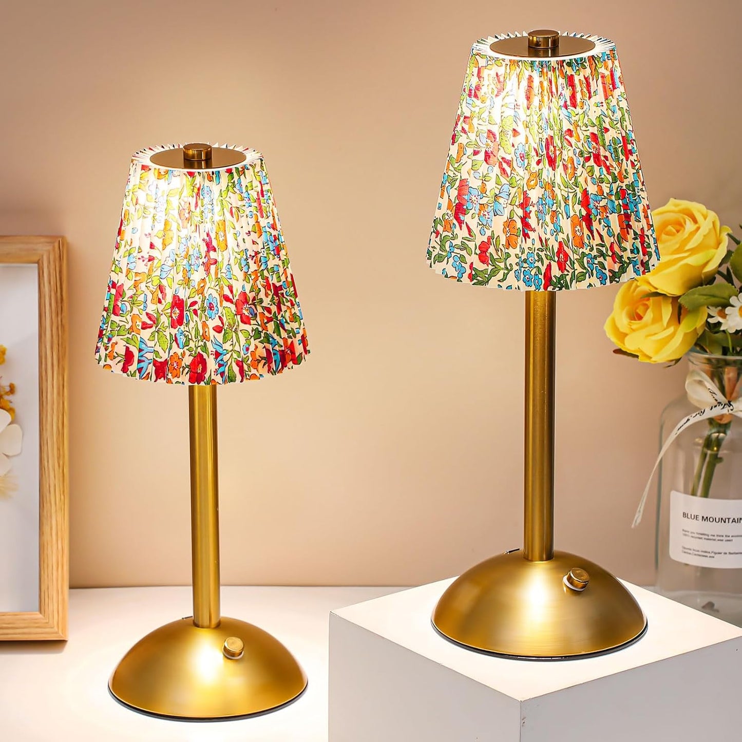 Liliful 2 Pcs LED Portable Cordless Table Lamp Touch Battery Operated Rechargeable Desk Lamp 3 Color Dimmable for Bedroom Living Room Dining (Floral Style,Gold)