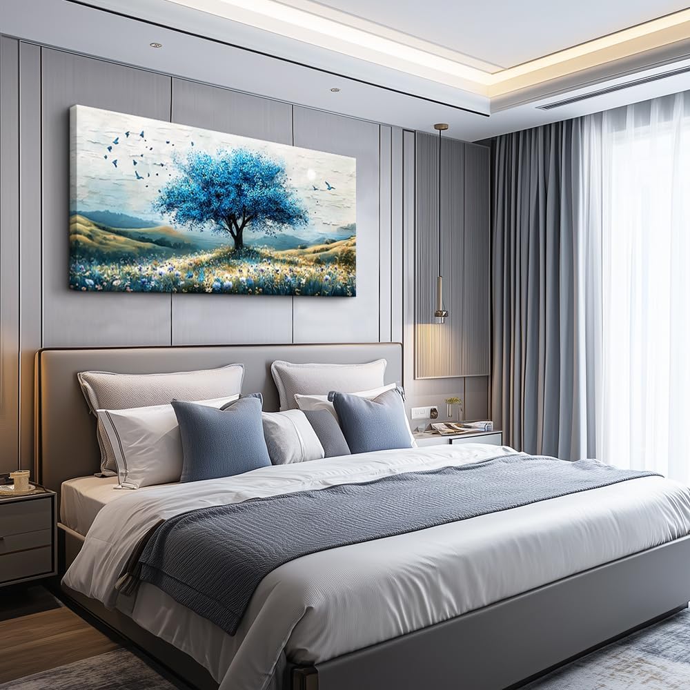 ZUITINGHUA Large Wall Decor For Living Room Canvas Wall Art For Office Modern Wall Decorations For Bedroom The Blue Tree Landscape Painting Farmhouse Pictures Artwork Room Home Decor 24x48 In
