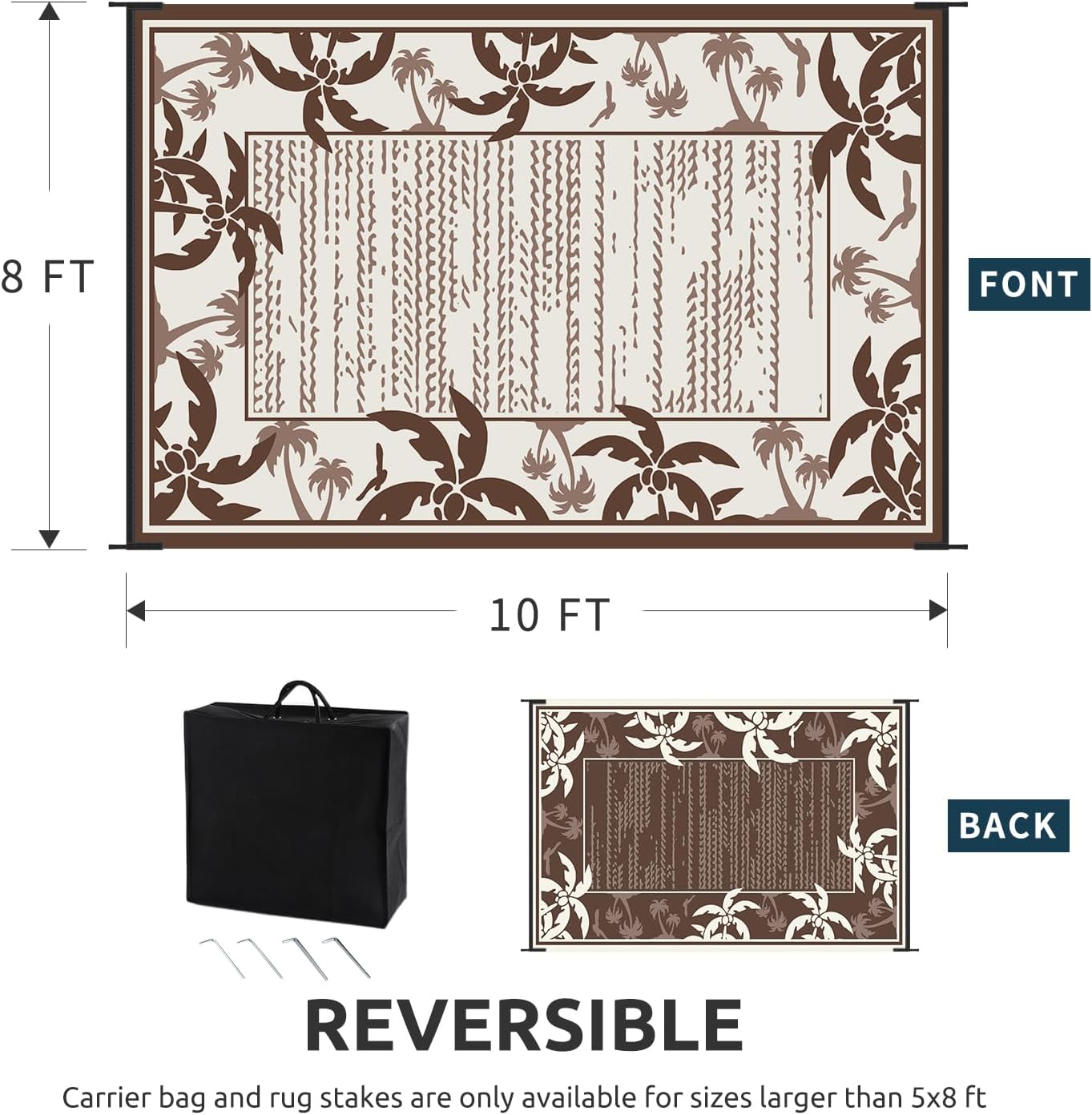 COCOER Outdoor-Rug 8x10 ft Waterproof Reversible Outdoor Plastic Straw Rug RV Indoor Outdoor Carpet Quick Dry Patio Rug Camping Mat for Balcony Backyard Picnic Beach-Brown&Beige