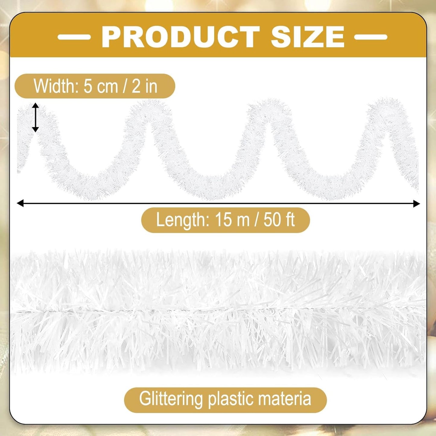 50 Feet Christmas Tinsel Garland, Metallic Twist Wall Hanging Backdrop for Parade Floats, Christmas Eve, New Year, Valentine's Day Party Decorations (Macaron White, 2in x 50ft)