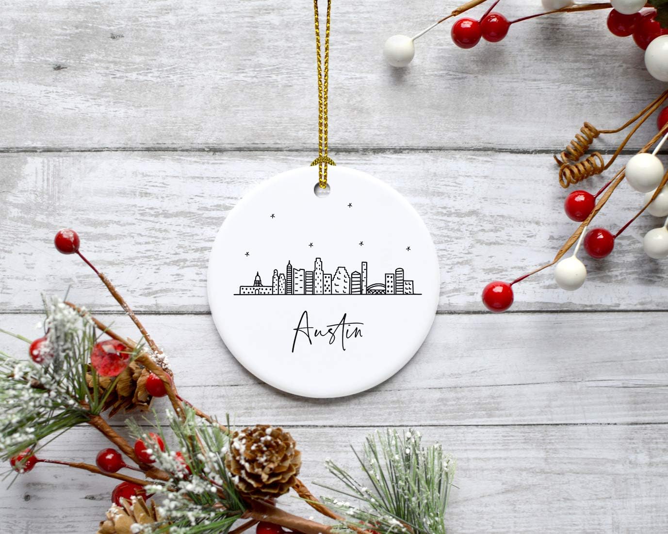 Andaz Press Round Ceramic Porcelain Christmas Tree Ornament Keepsake, Austin Black and White Stars City Skyline Graphic, 1-Pack, Birthday Gift Idea for Family Coworker Him Her, Includes Gift Box