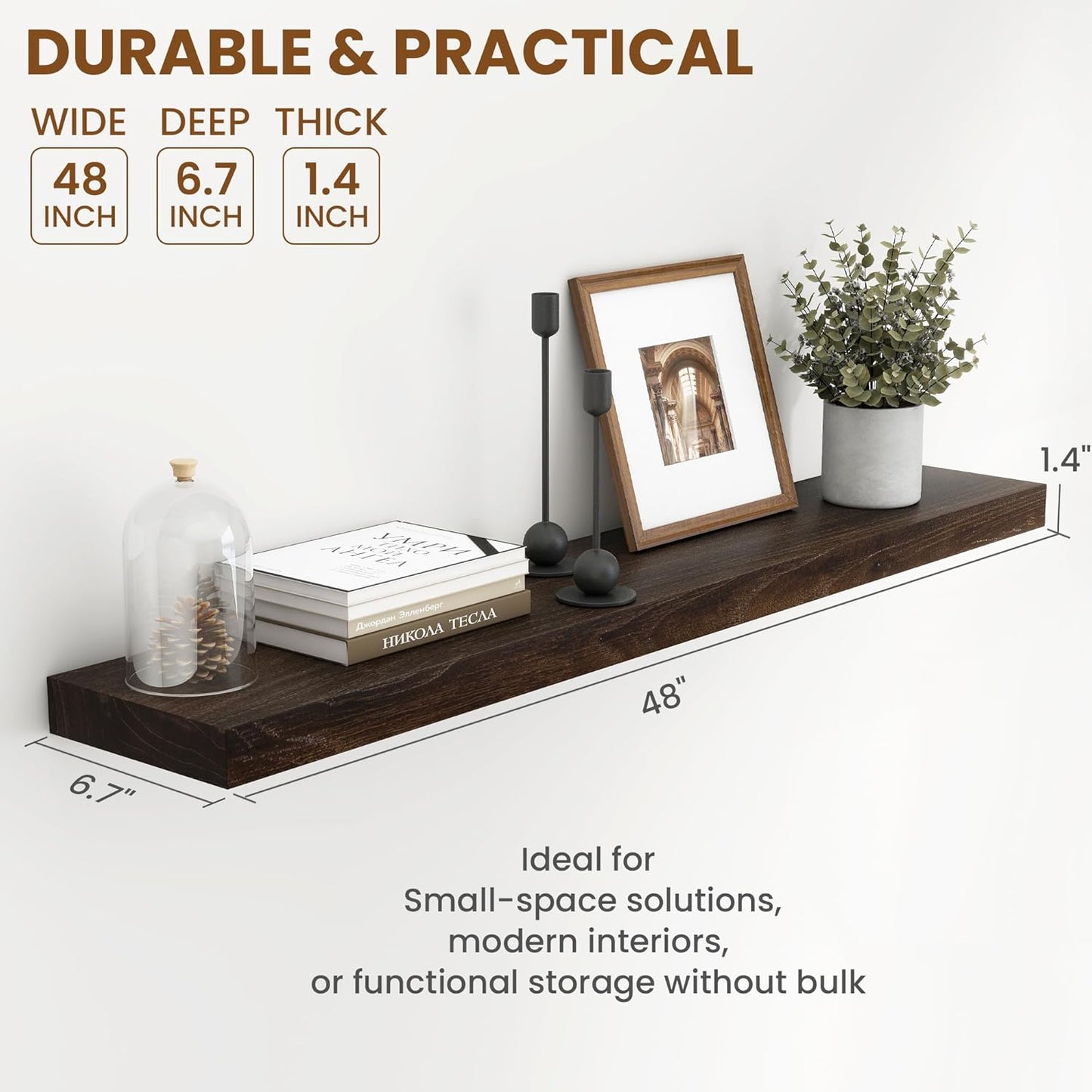 Fun Memories Rustic Elm Wood Floating Shelves for Wall, 48" Floating Shelf Wall Mounted, Long Floating Disply Shelf with Heavy-Duty Bracket for Living Room, Kitchen, Bathroom, Walnut Color, Set of 1