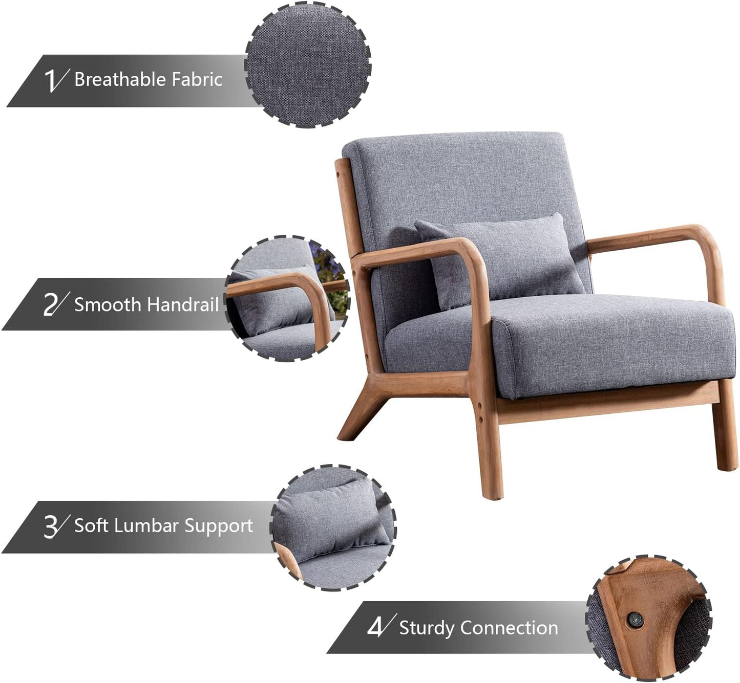 INZOY Mid Century Modern Accent Chair with Wood Frame, Upholstered Living Room Chairs with Waist Cushion, Reading Armchair for Bedroom Sunroom (Dark Grey)