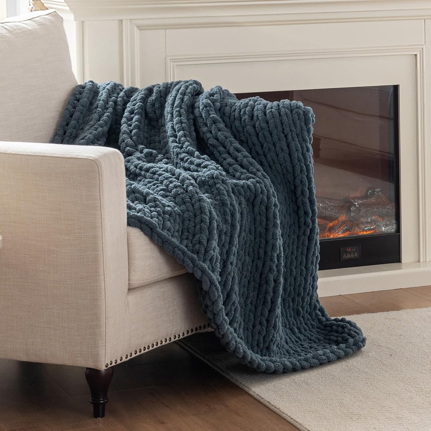 Chunky Knit Blanket Throw, 100% Hand Knit Throw Blanket Handmade Chenille Cable Knit Throw for Couch, Stylish Cozy Soft Rope Knot Crochet Blanket for Home Decor, Blue Mirage, 50x60 Inches