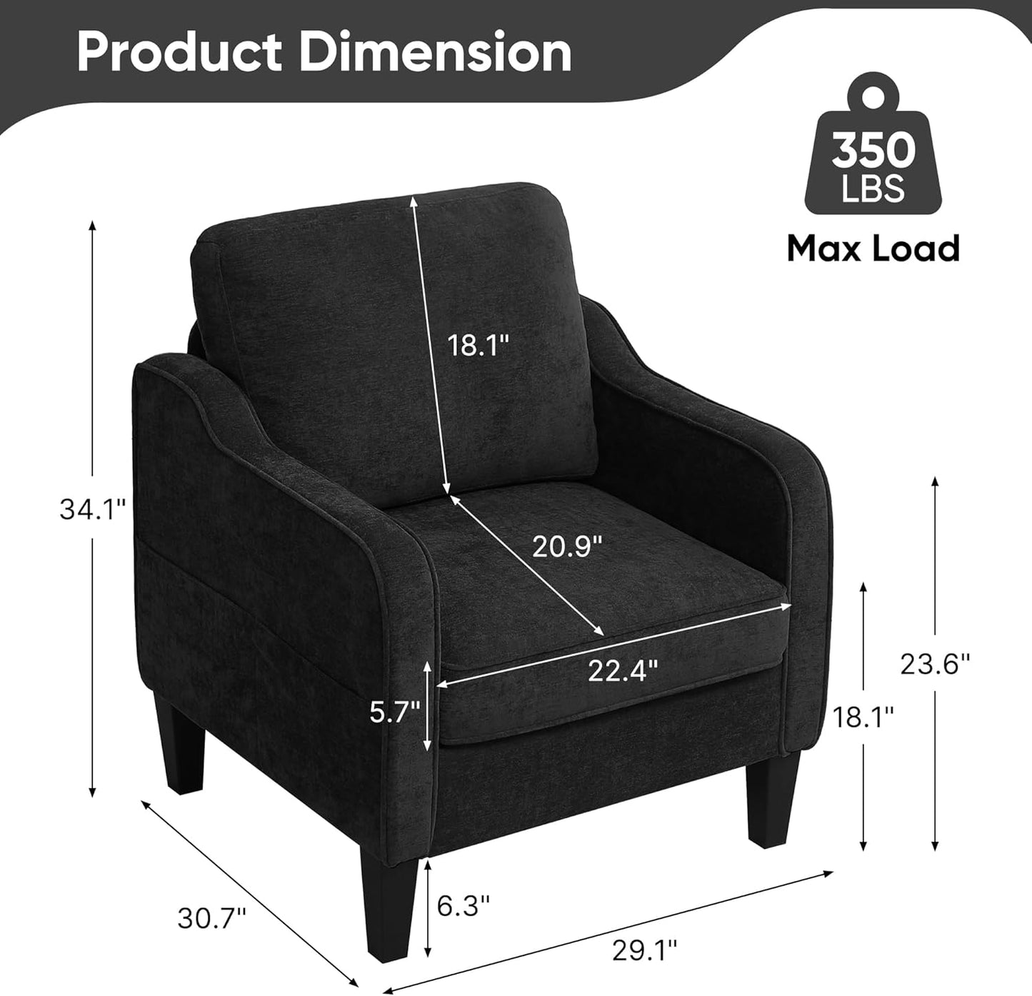 Accent Chair for Living Room, Mid Century Modern Reading Chair for Bedroom, Upholstered Armchair with Side Pockets, Comfy Single Sofa Side Chair for Office, Apartment, Small Room, Black