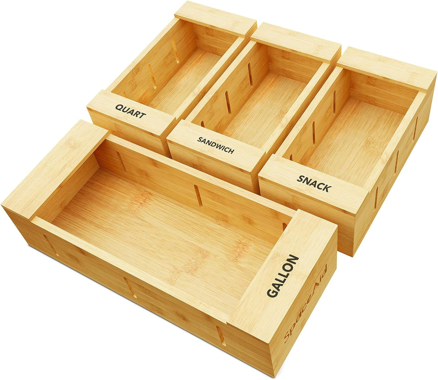 SpaceAid Bag Storage Organizer for Kitchen Drawer, Bamboo Organizer, Compatible with Gallon, Quart, Sandwich and Snack Variety Size Bag (4 Pack), 2.5" High