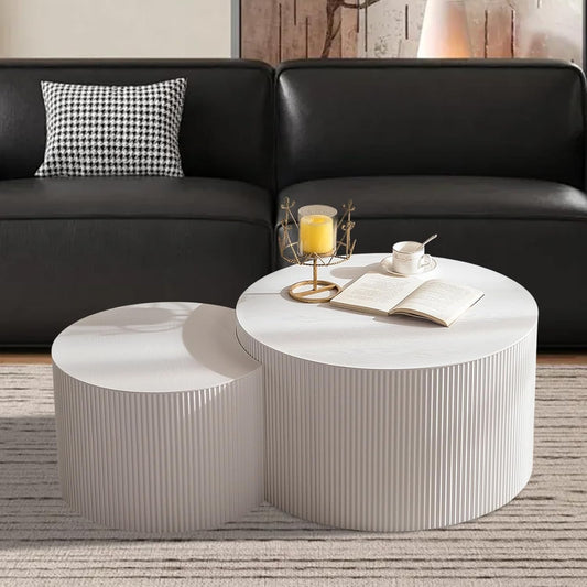 Nesting Coffee Table Set of 2 Modern Handcraft Fluted Coffee and End Table Sets Wooden Drum Small Round Side Table Minimalist Cream Center Tables for Living Room,No Assembly,Crescent Large