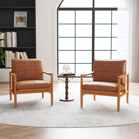 Mid Century Modern Accent Chair Set of 2, Leather Accent Chair, Relaxing Armchair with Solid Wood Frame & Soft Cushion, Reading Leisure Chairs for Living Room
