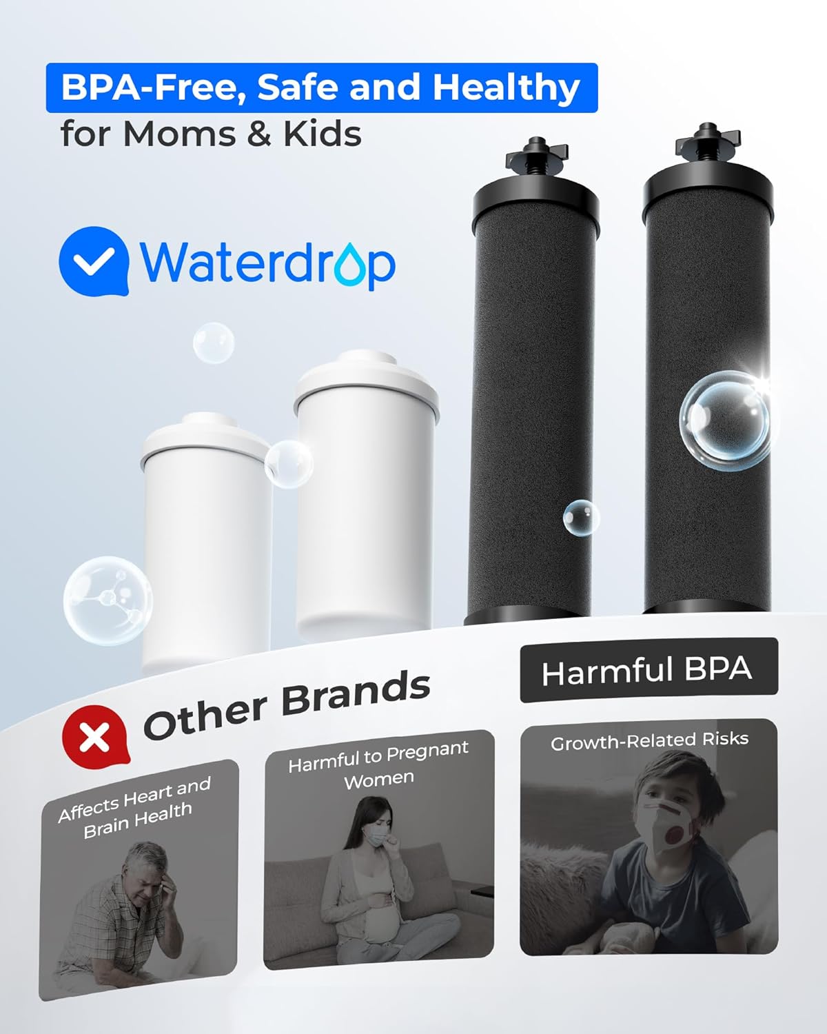 [New Upgraded Ultrafiltration] Waterdrop Black and Fluoride Water Filter, Replacement for Berkey® Black Purification Elements, Berkey® Gravity Water Filter System
