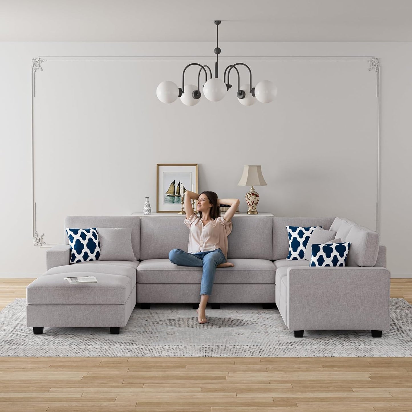 L Lengend Vansen Modular Sectional Sofa U Shaped Couch with Ottoman Modern Reversible Corner Sectional Couch for Living Room (Light Grey, U Shaped Sofa-4)