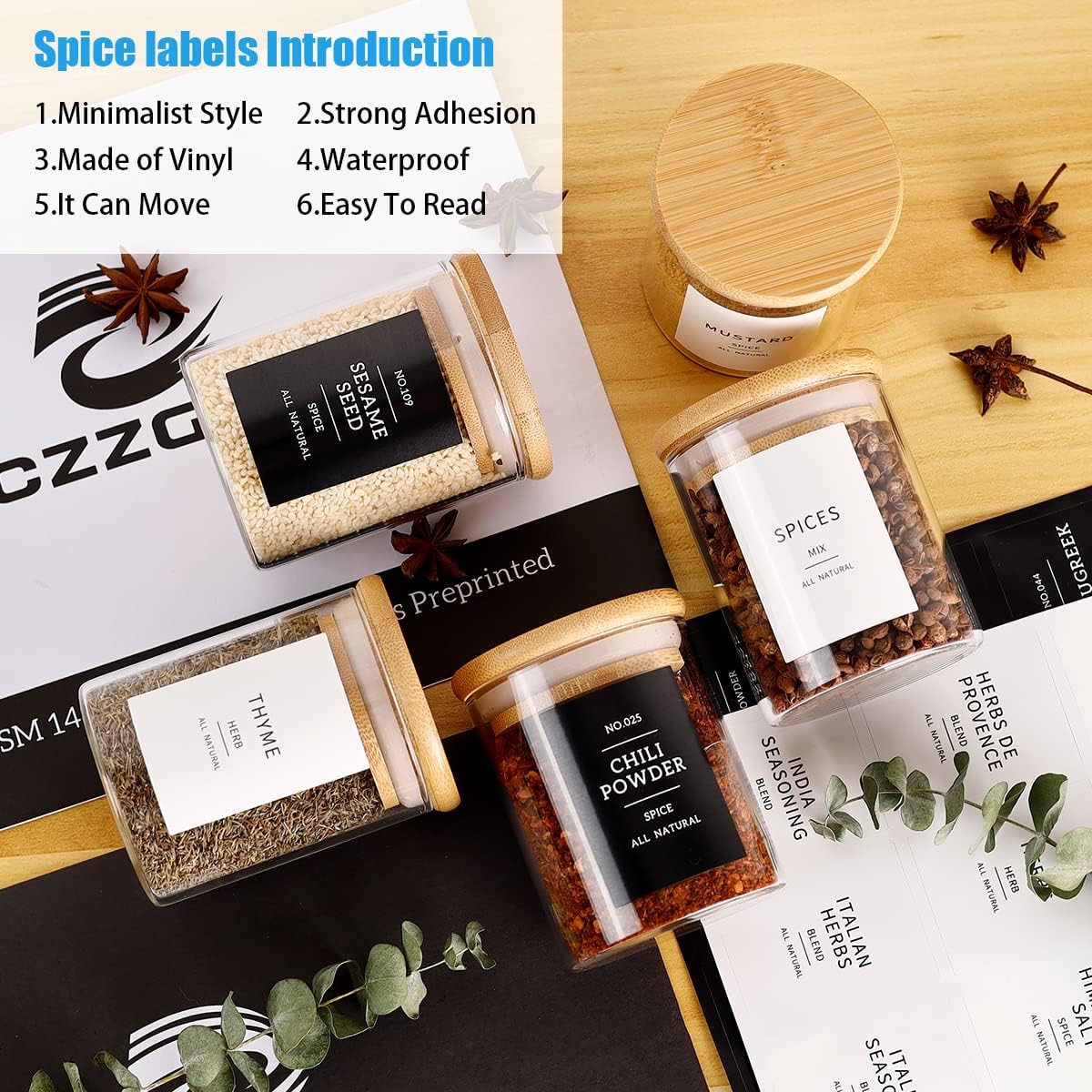 12 Pcs Glass Spice Jars With 296 Spice Labels Preprinted of White and Black Color- 6oz Thicken(2.4mm) Spice Containers With Bamboo Airtight Lids - Empty Small Herb Seasoning Jars