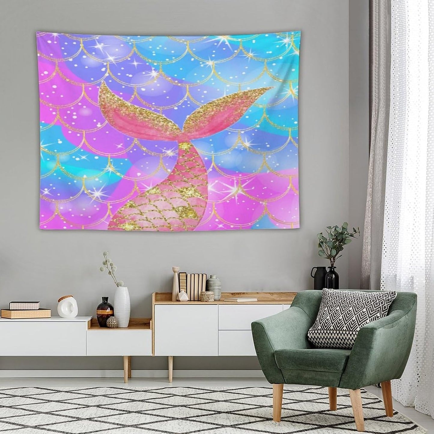 HZOHNAGO Mermaid Scales Tapestry Colorful Shiny Scales Mermaid Tail Pattern Printed Wall Tapestry Wall Hanging for Bedroom Living Room Dorm 80" W x 60" H