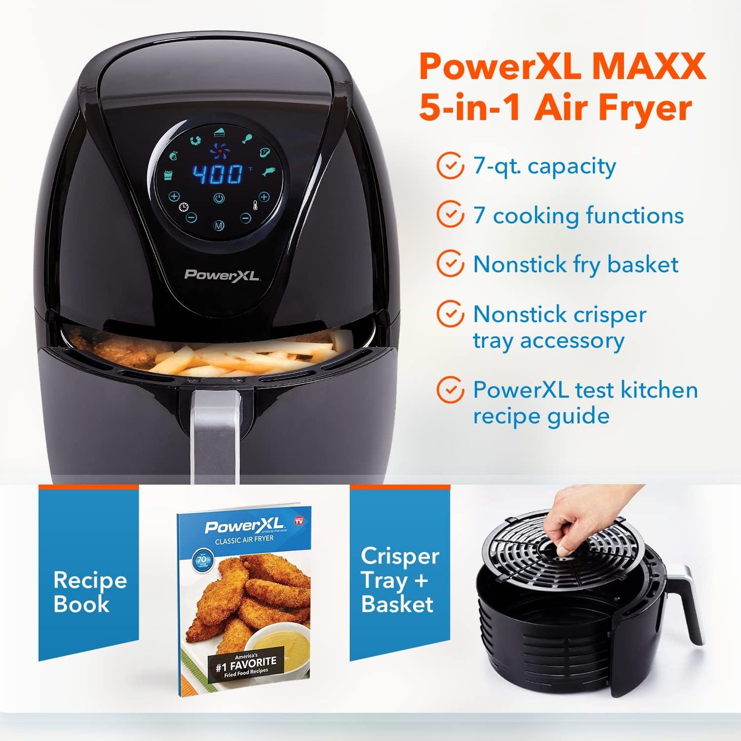 PowerXL Air Fryer 7 QT Maxx Classic, Extra Hot Air Fry, Cook, Crisp, Broil, Roast, Bake, High Gloss Finish, Nonstick, Black