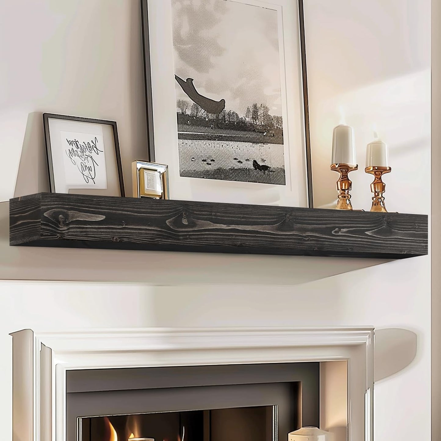 56x8x5 Fireplace Mantel - Handcrafted Hollow Rustic Solid Wood Wall Mounted Floating Shelf with Invisible Heavy Duty Wood Bracket (Weathered Black)