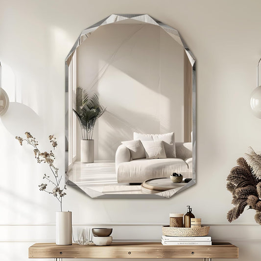 Bathroom Mirror for Wall, 30" x 40" Arched Mirror, Bathroom Vanity Mirrors, Beveled Edge Frameless Wall Mount Vanity Mirror, Wall Mirror Decorative, Irregular Beveled Edge Mirror