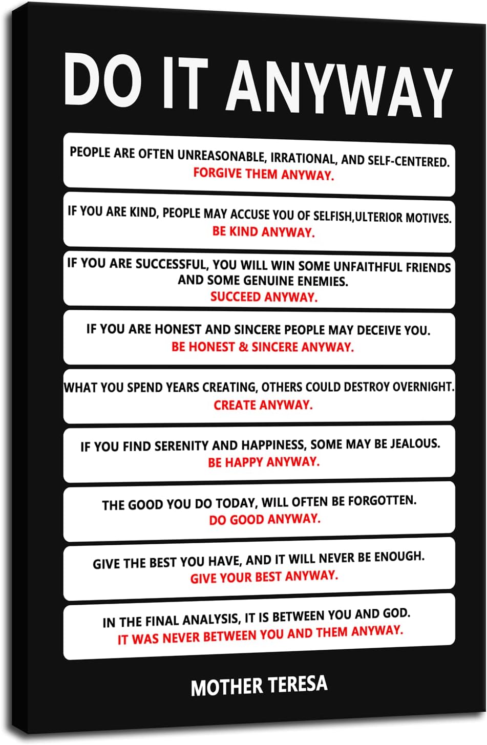 Motivational Wall Art Do It Anyway Inspirational Poster Mother Teresa Quote Canvas Prints Artwork for Office Living Room Modern Home Decor Painting Pictures Stretched and Framed [24''Wx 36''H]