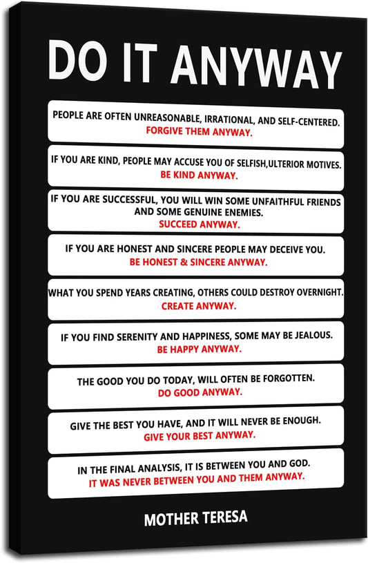 Motivational Wall Art Do It Anyway Inspirational Poster Mother Teresa Quote Canvas Prints Artwork for Office Living Room Modern Home Decor Painting Pictures Stretched and Framed [24''Wx 36''H]