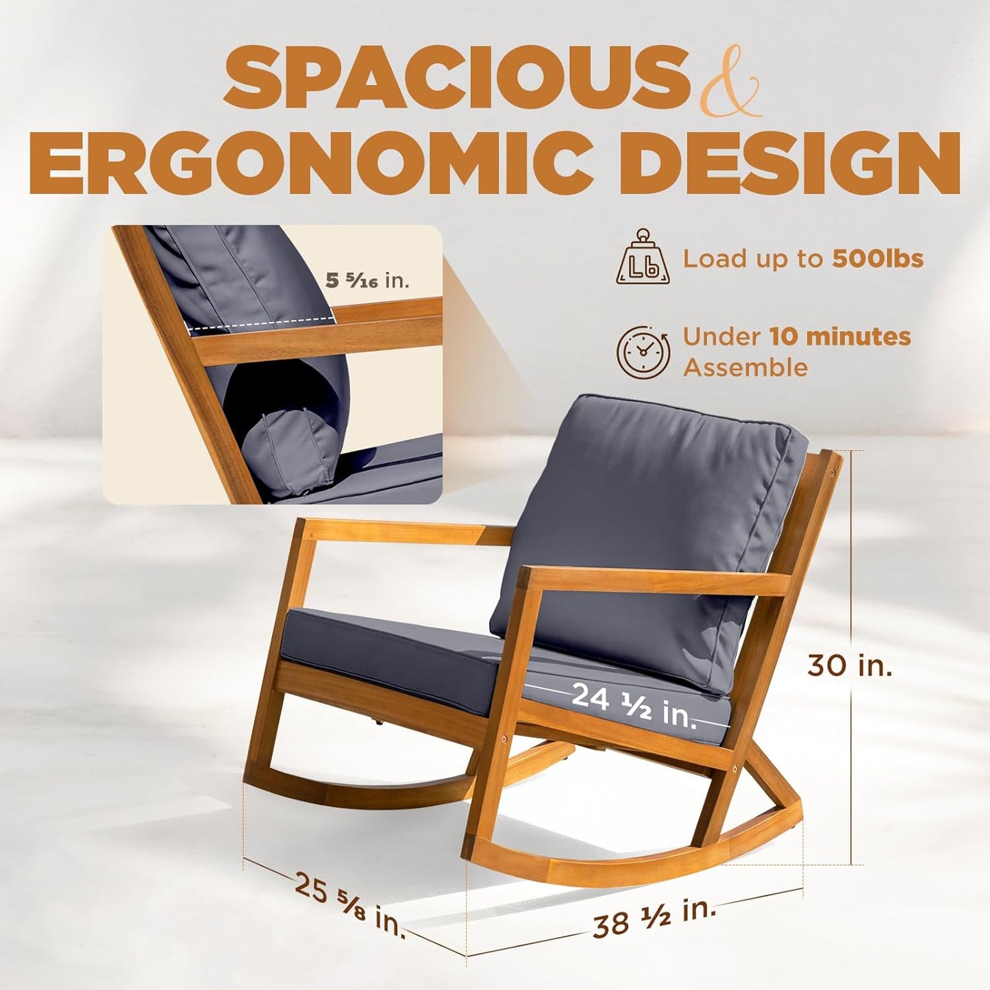 IDZO Premium Club Rocking Chair 500lbs Capacity with Inclined Backrest, Thick Foam Cushion, Solid Acacia Wood Rocker for Patio, Backyard, Balcony, Porch