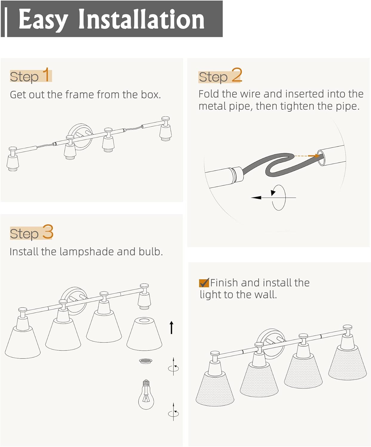 FEMILA Bathroom Vanity Light, 4-Lights Bathroom Light Fixtures Over Mirror, Modern Wall Mounted Lamp, Hammered Metal Shade, 4FG59B-4W BK