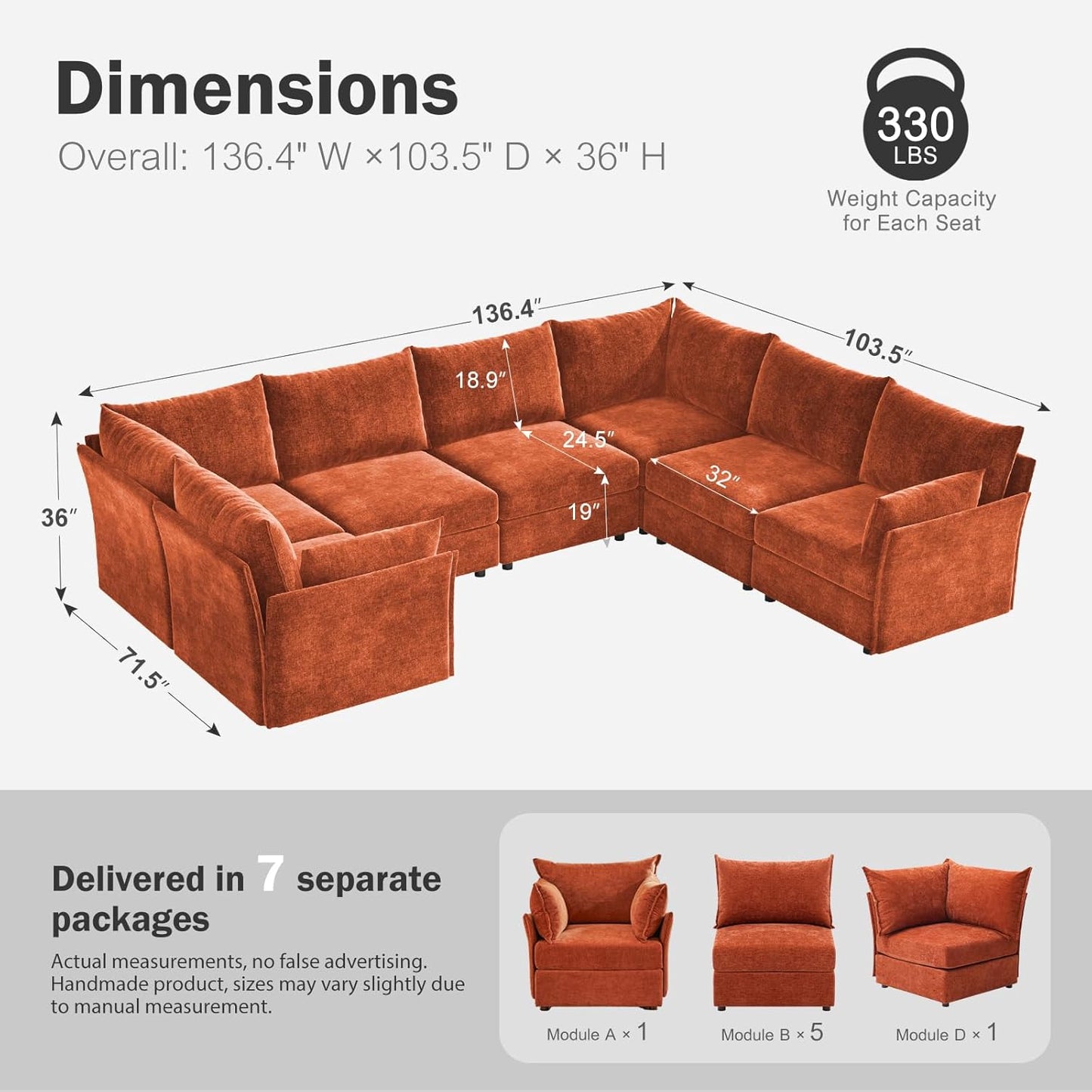 136.4" Oversized Modular Sectional Sofa, U Shaped Convertible Couch with Movable Ottoman, Large 7 Seat Corner Couches for Living Room Deep Seat Terracotta Orange Chenille
