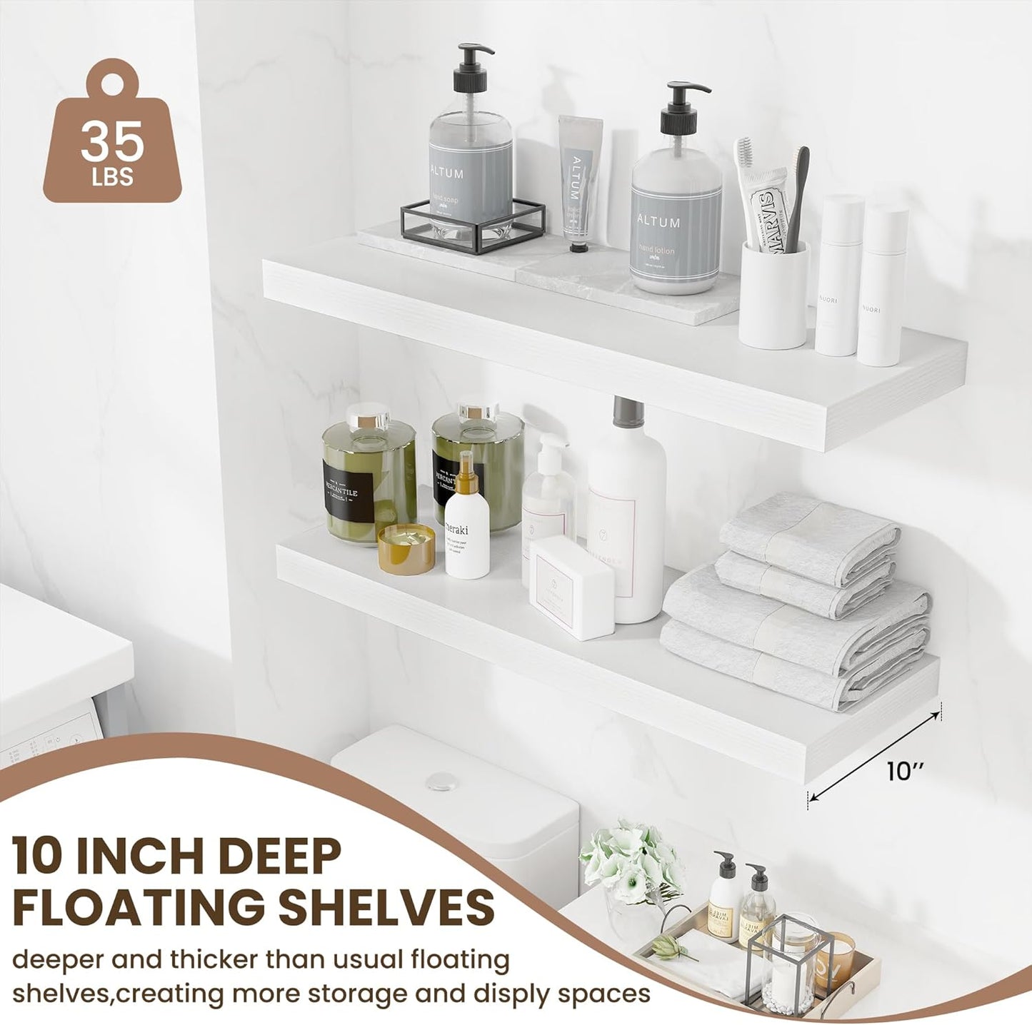 Fun Memories Floating Shelves for Wall, 32 Inch Long Floating Shelves Set of 2, 32 x 10 Wooden Shelves for Wall, Large Storage Shelves, Hanging Shelves for Bathroom Kitchen Bedroom, White