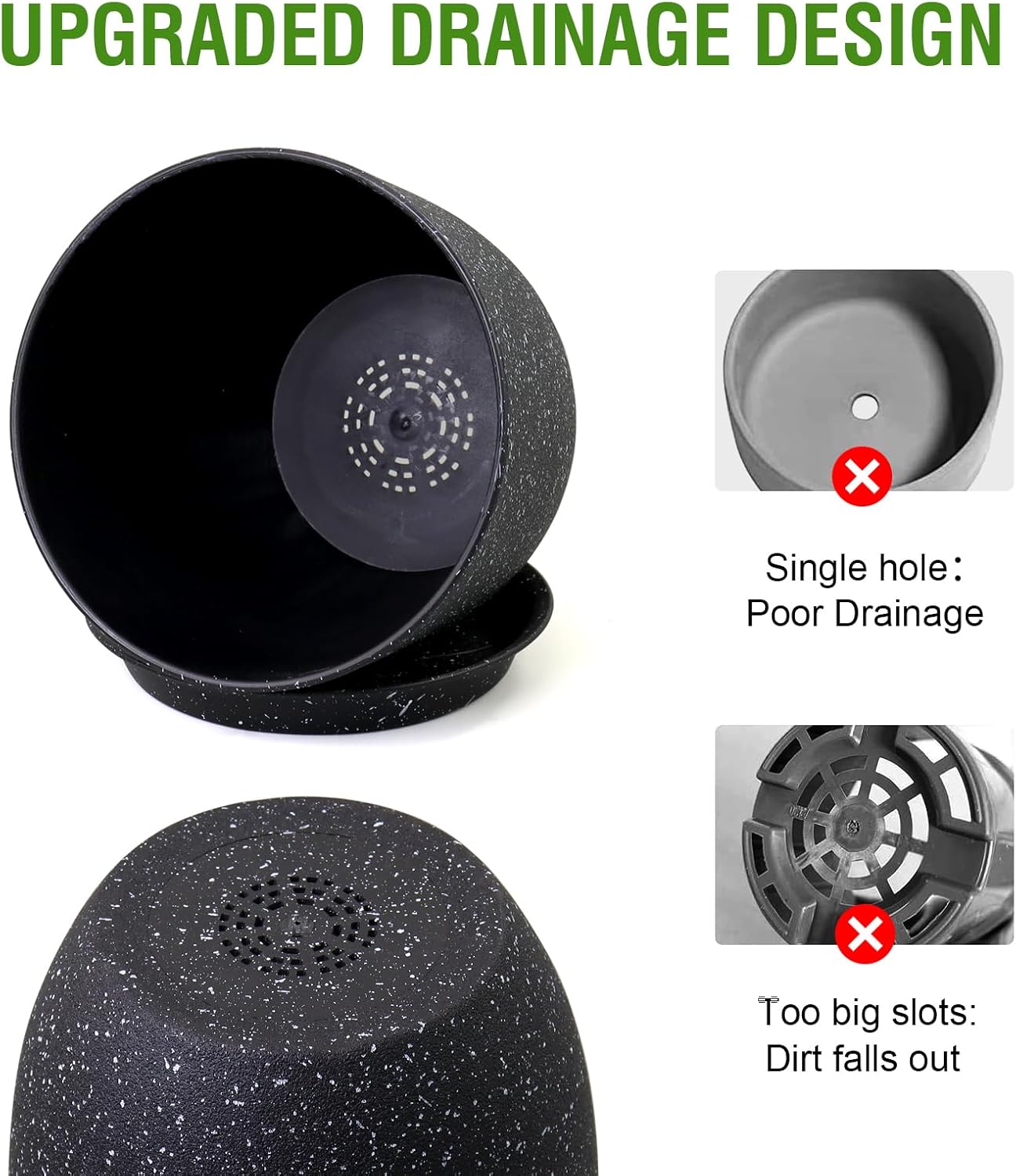 9/8/7.5 inch Plant Pots, Set of 3 Modern Decorative Plastic Planters with Drainage Holes and Saucer for Garden House Plants, Flower Pots for Indoor Outdoor Plants, Speckled Black