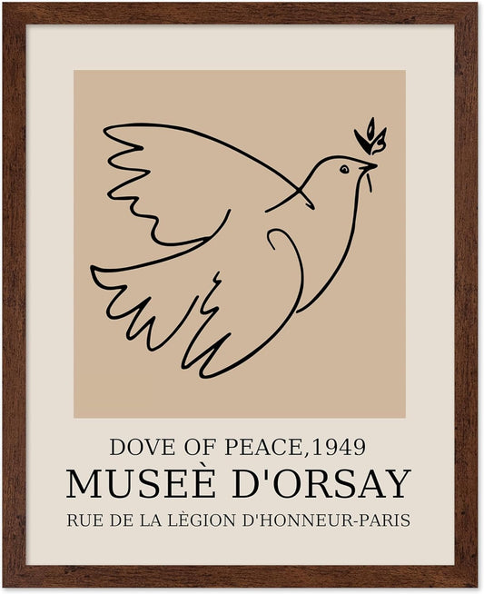 Poster Master Vintage Poster - Retro Minimalist Print - Gift for Artist, Friend - Dove Of Peace, Line Drawing, Sketch, Abstract - Wall Decor for Living Room, Bedroom, 16x20 Brown Framed